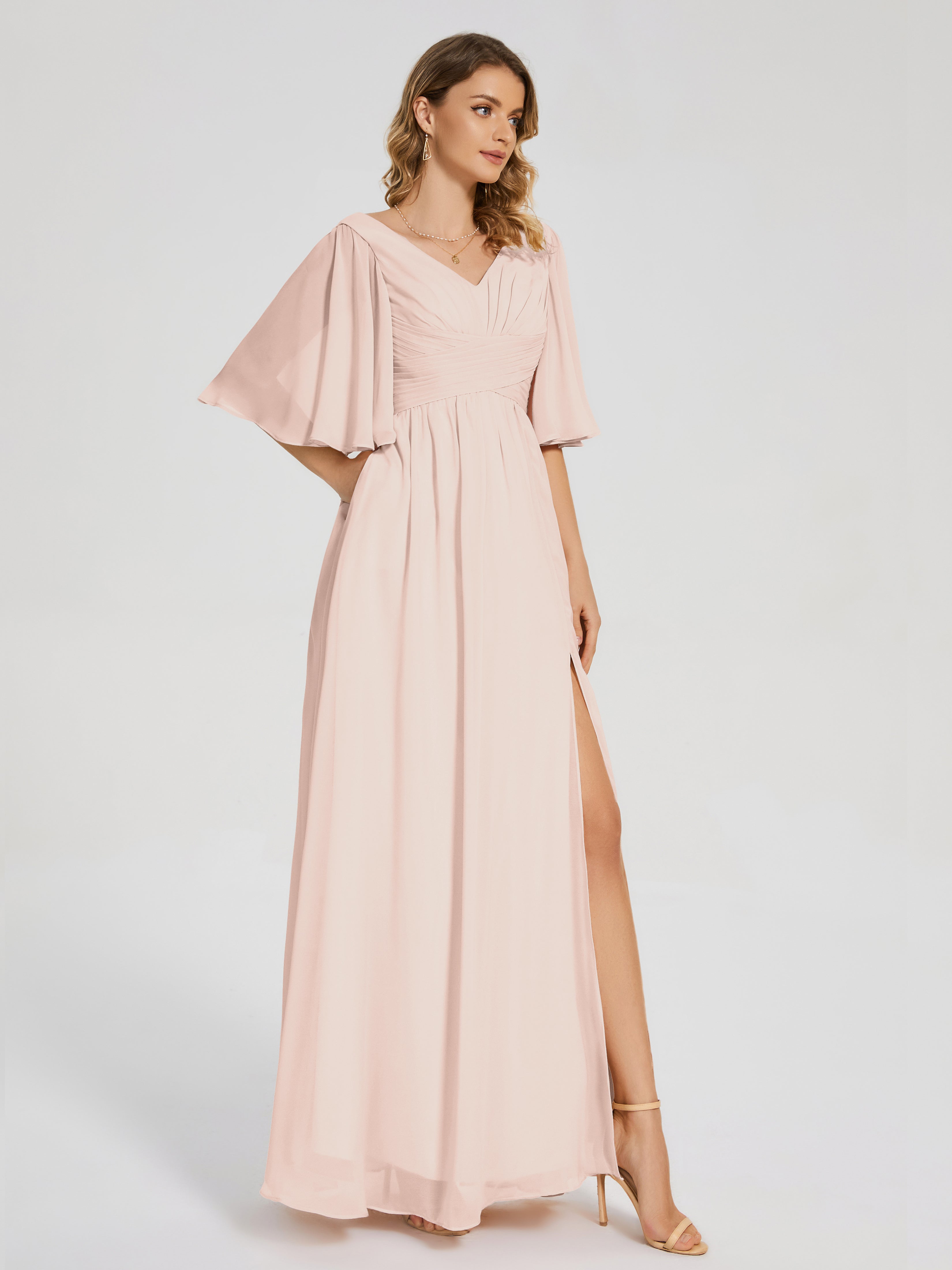 Robe Demoiselle D Honneur Rose Perle Demi Manches Fendue Mousseline Robes Demoiselle D'Honneur