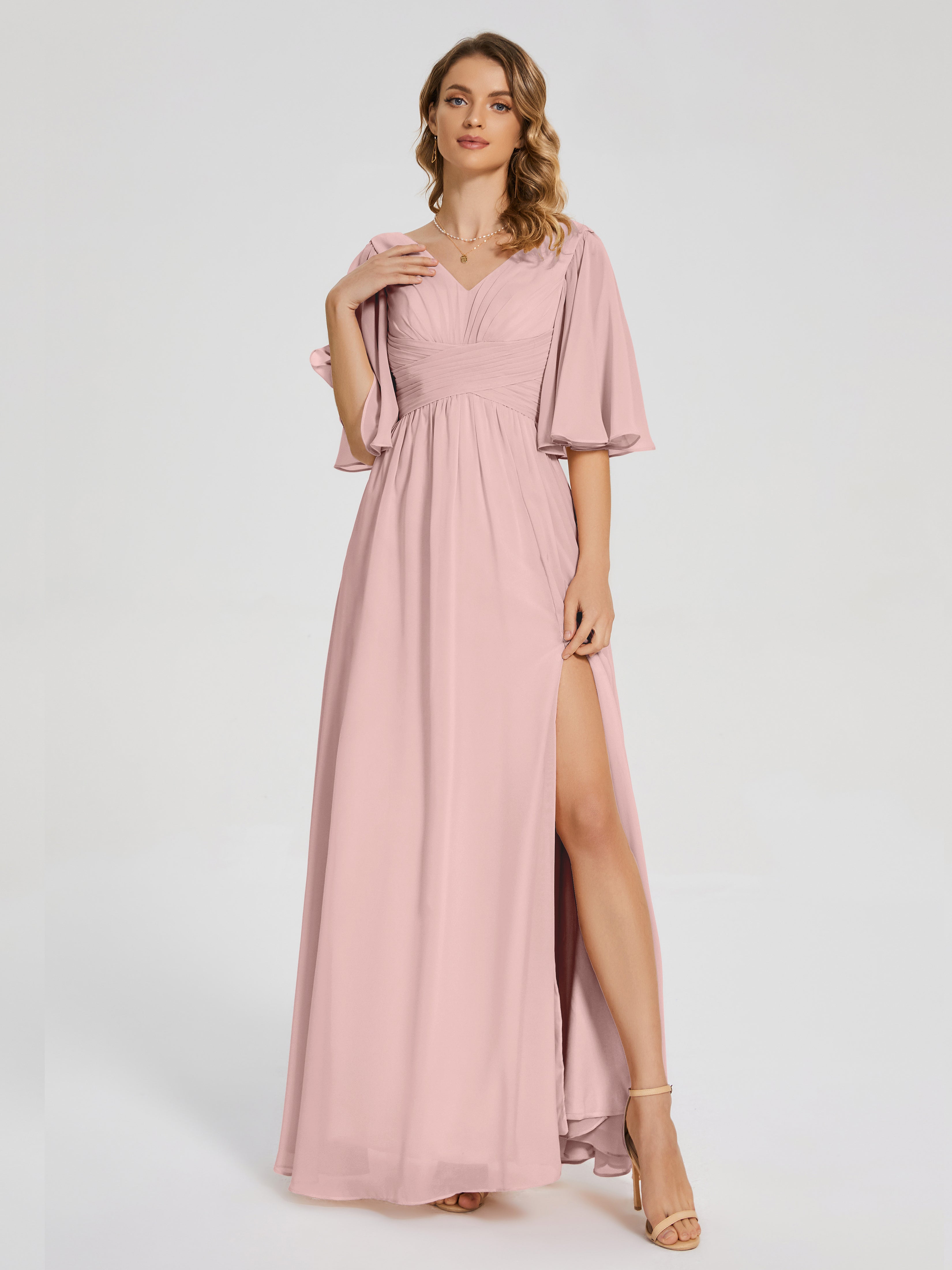 Robes De Demoiselle D'Honneur Rose Poussiéreux Demi Manches Fendue Mousseline Robes Demoiselle D'Honneur