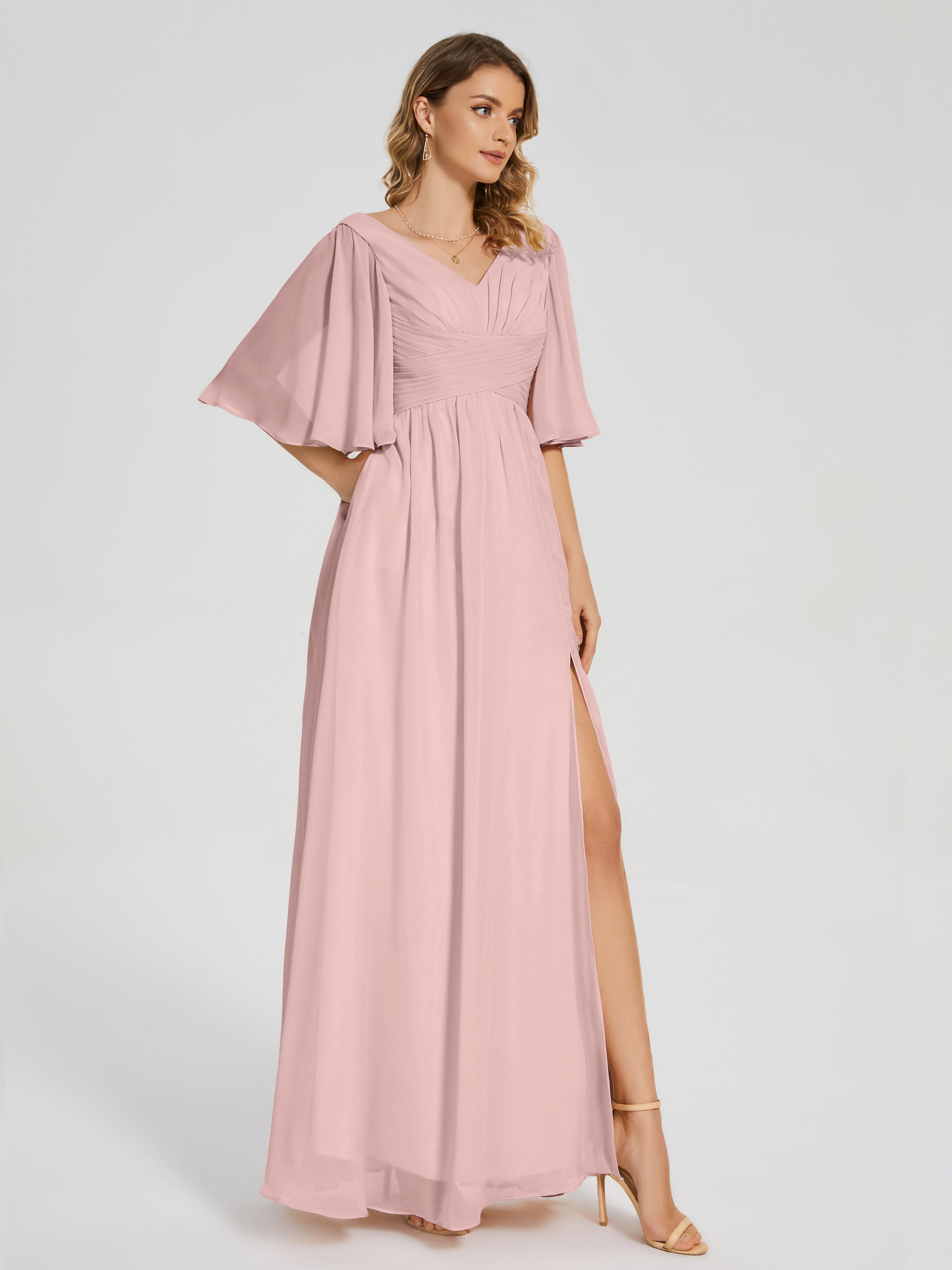 Robes De Demoiselle D'Honneur Rose Poussiéreux Demi Manches Fendue Mousseline Robes Demoiselle D'Honneur