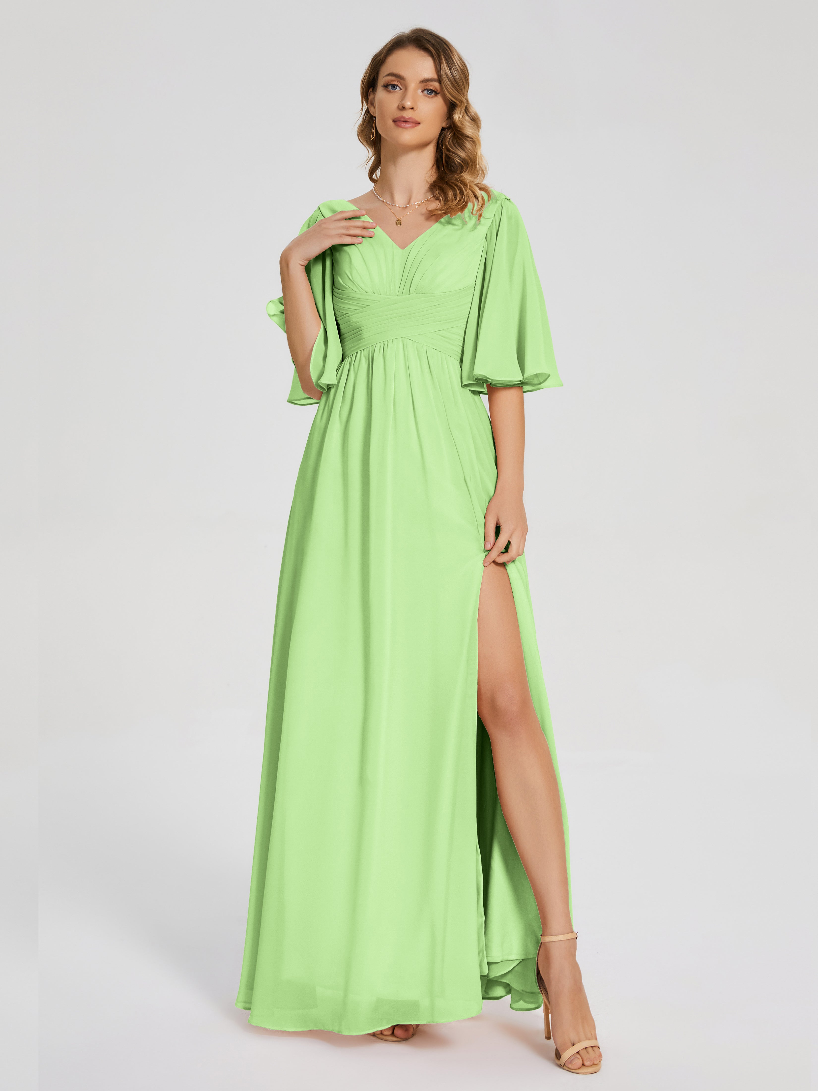Robe Demoiselle Dhonneur Vert Sauge Demi Manches Fendue Mousseline Robes Demoiselle D'Honneur