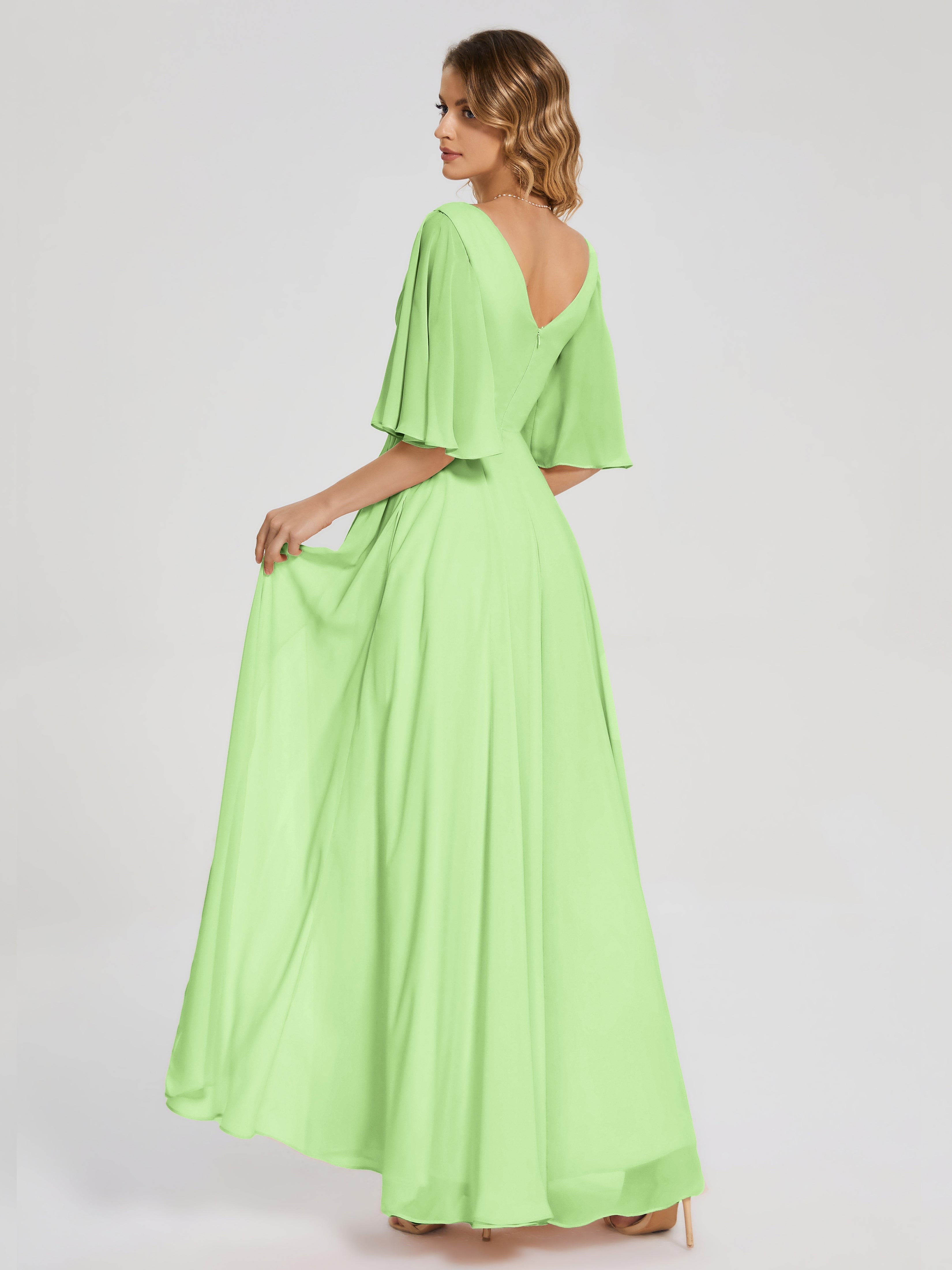 Robe Demoiselle Dhonneur Vert Sauge Demi Manches Fendue Mousseline Robes Demoiselle D'Honneur