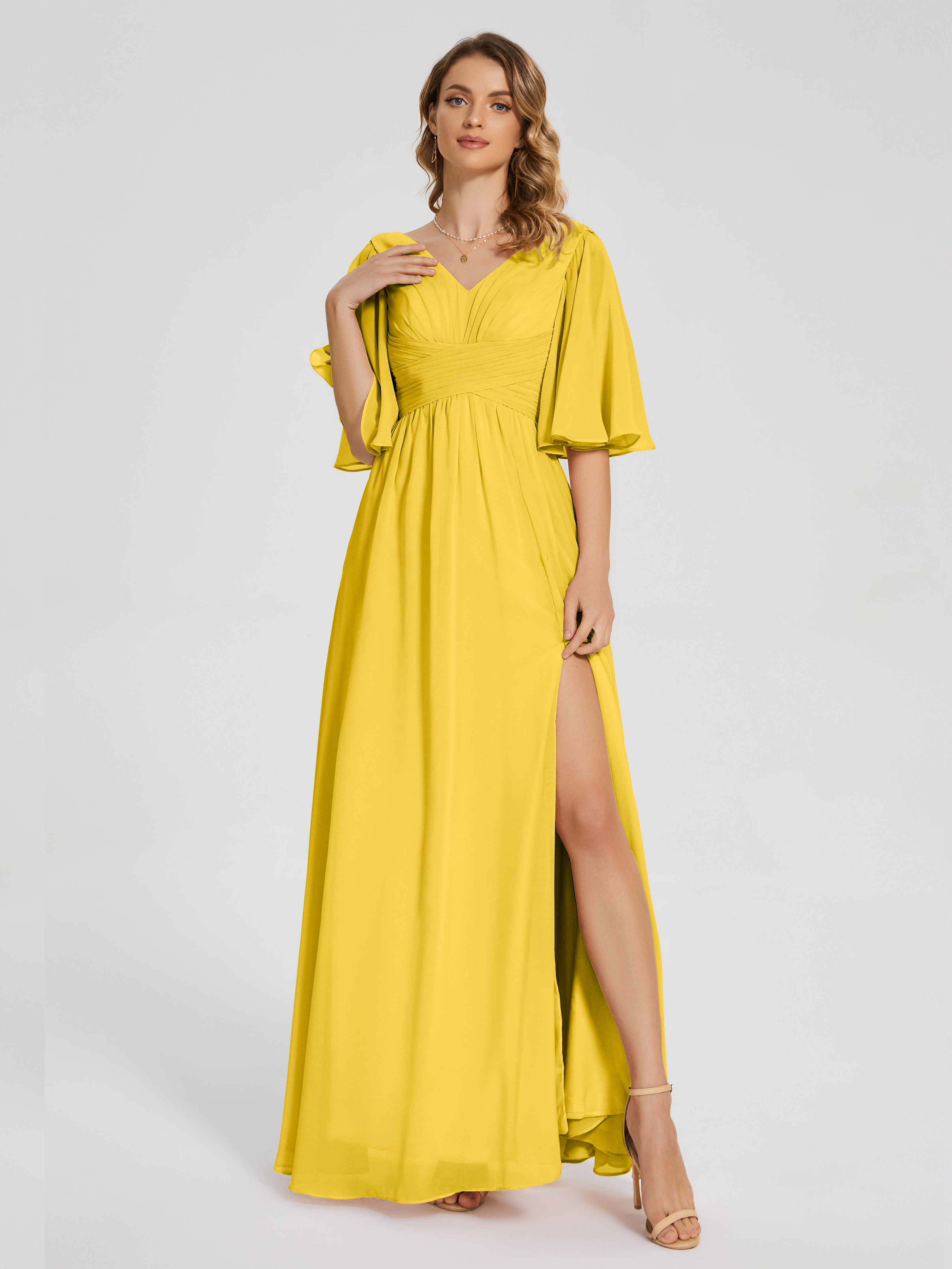 Robe De Demoiselle D'Honneur Souci Demi Manches Fendue Mousseline Robes Demoiselle D'Honneur