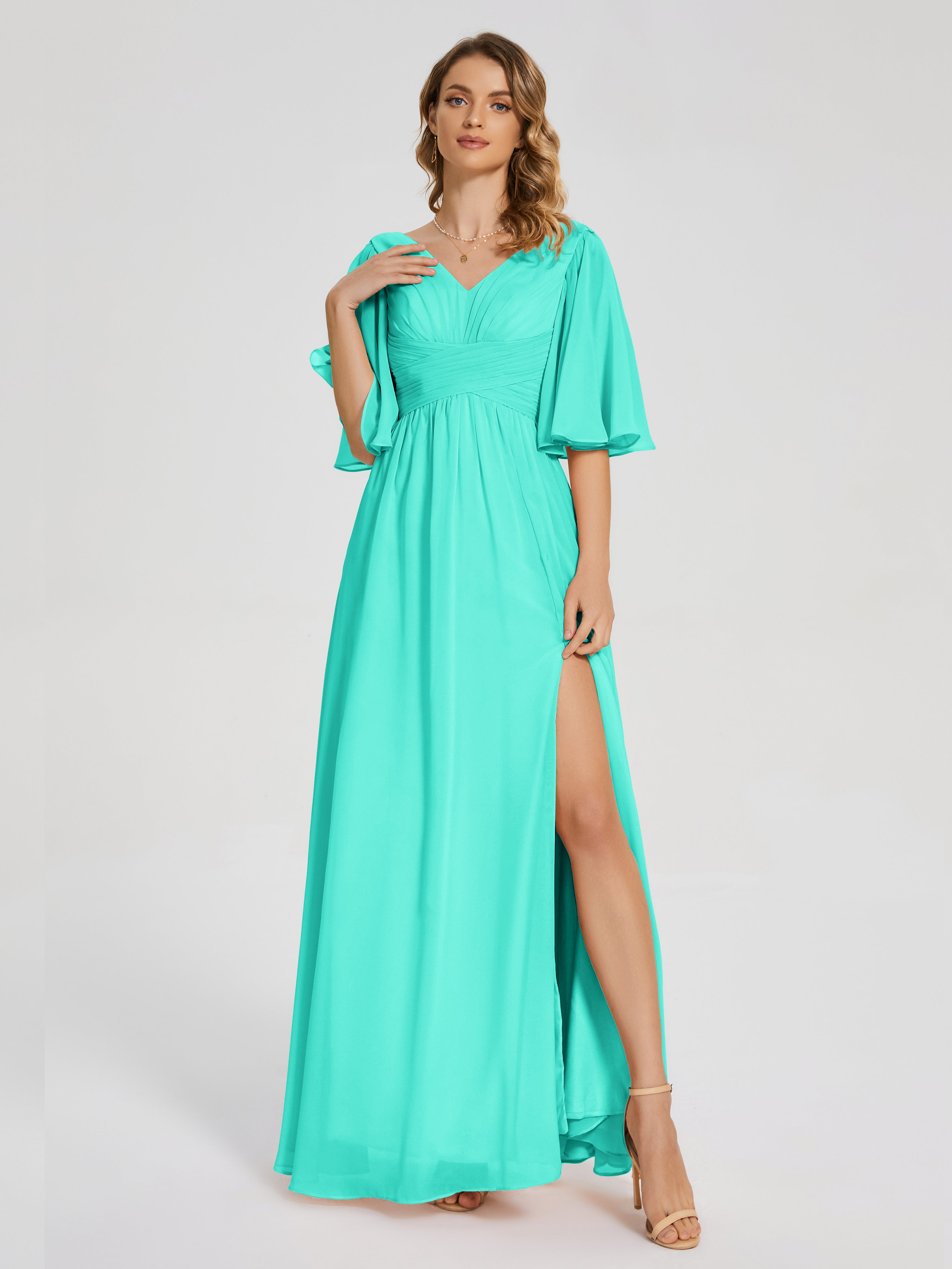 Robes De Demoiselle D'Honneur Spa Demi Manches Fendue Mousseline Robes Demoiselle D'Honneur