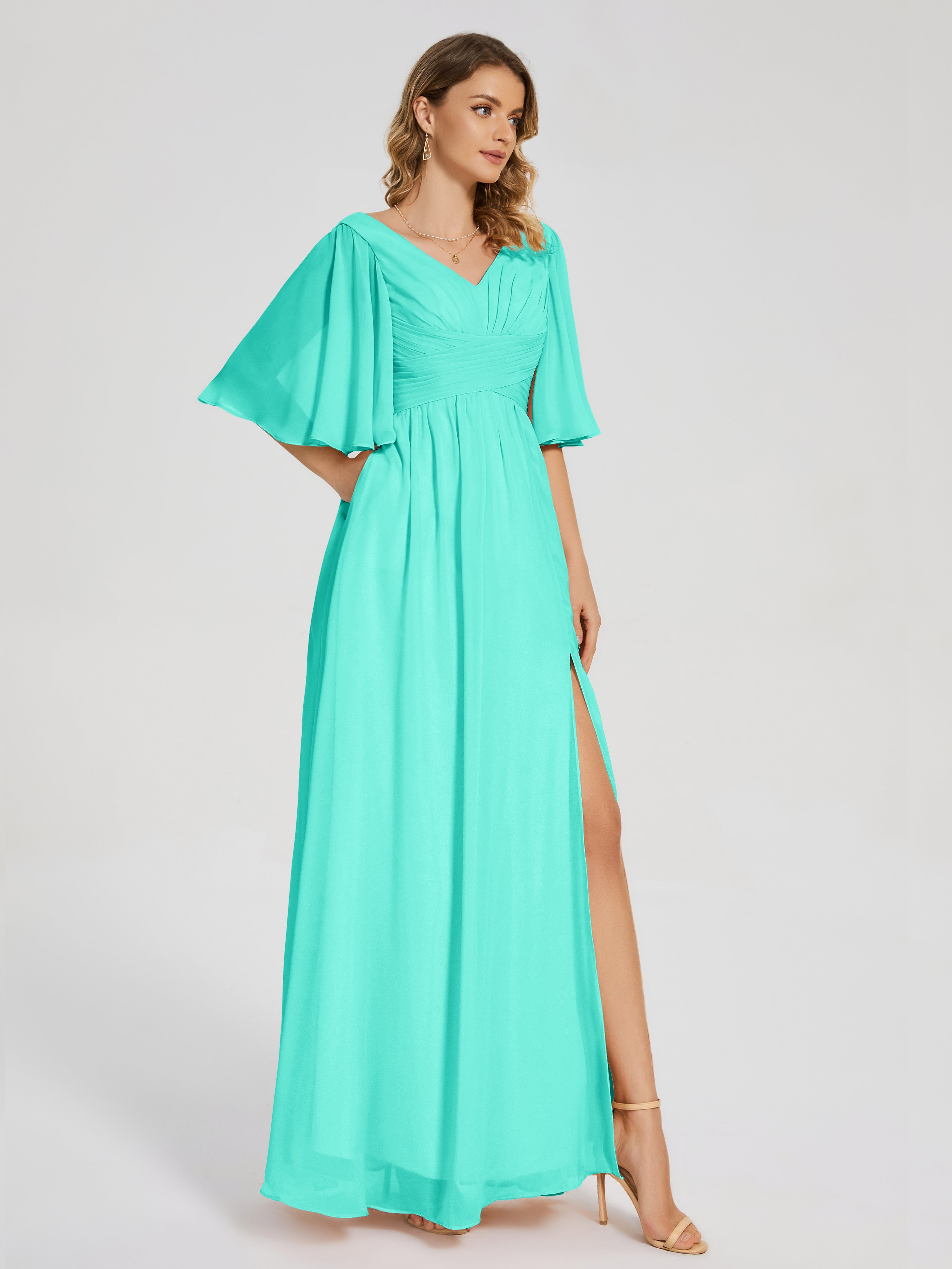 Robes De Demoiselle D'Honneur Spa Demi Manches Fendue Mousseline Robes Demoiselle D'Honneur