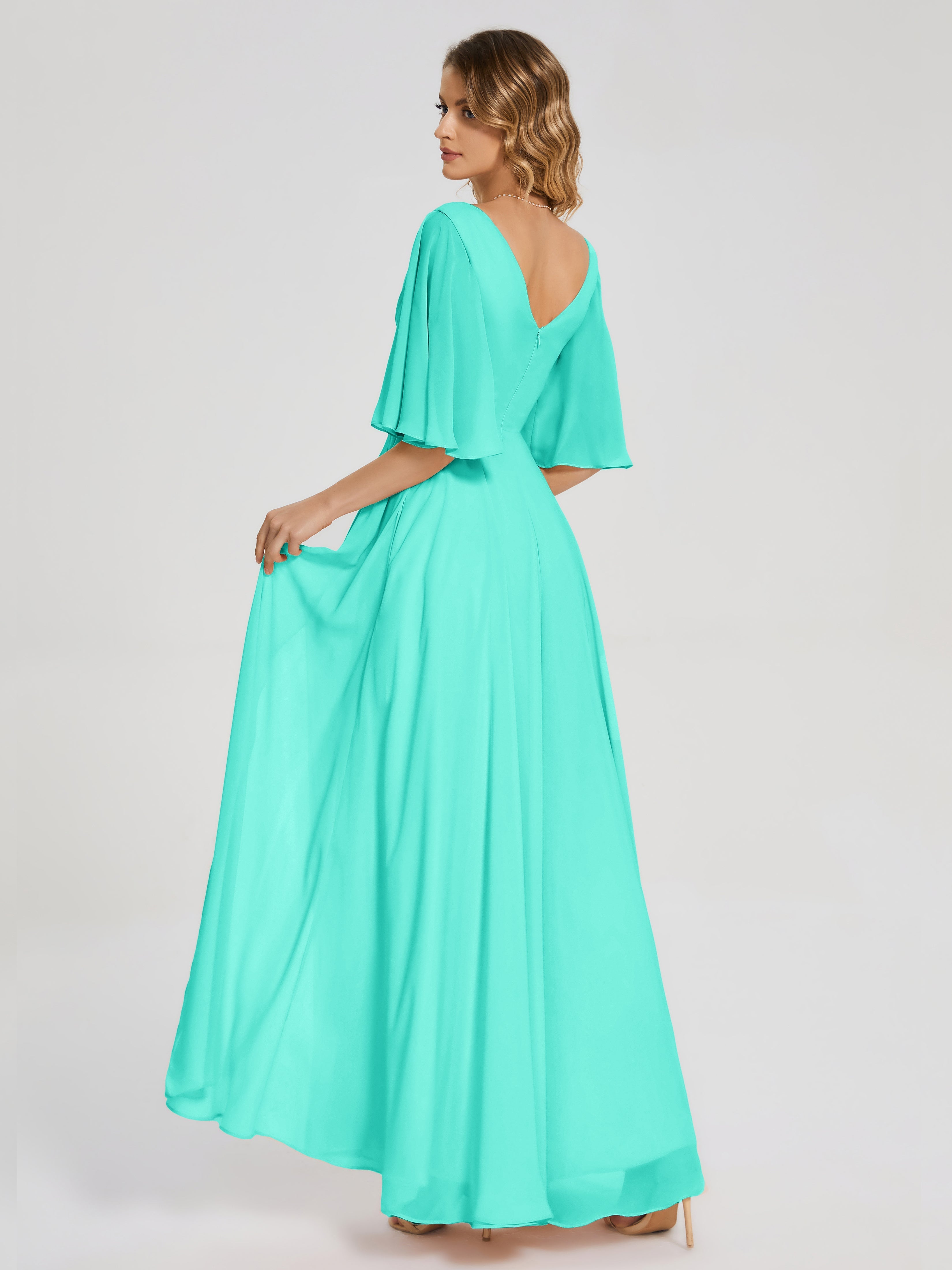 Robes De Demoiselle D'Honneur Spa Demi Manches Fendue Mousseline Robes Demoiselle D'Honneur