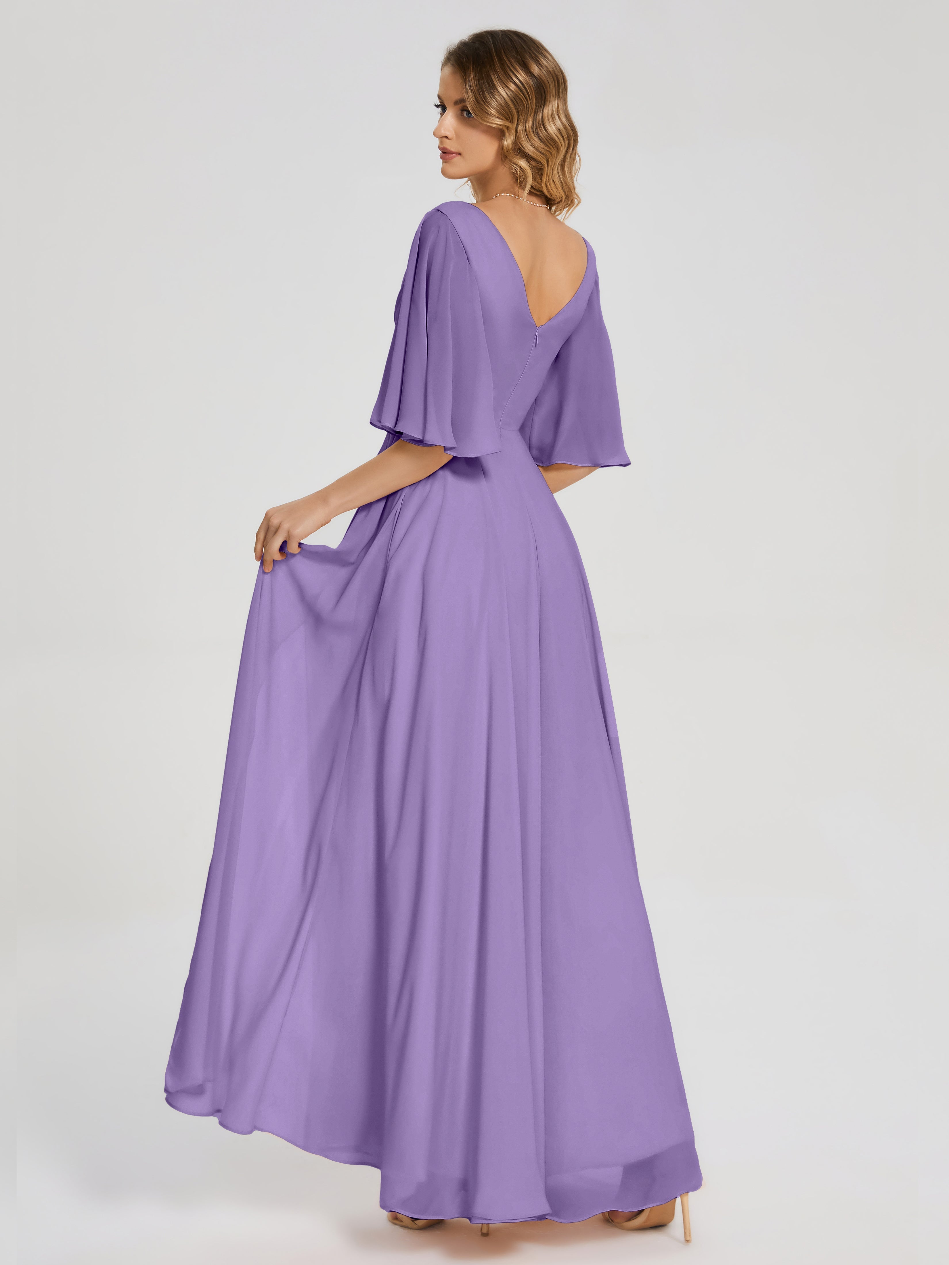 Robes De Demoiselle D'Honneur Tahiti Demi Manches Fendue Mousseline Robes Demoiselle D'Honneur