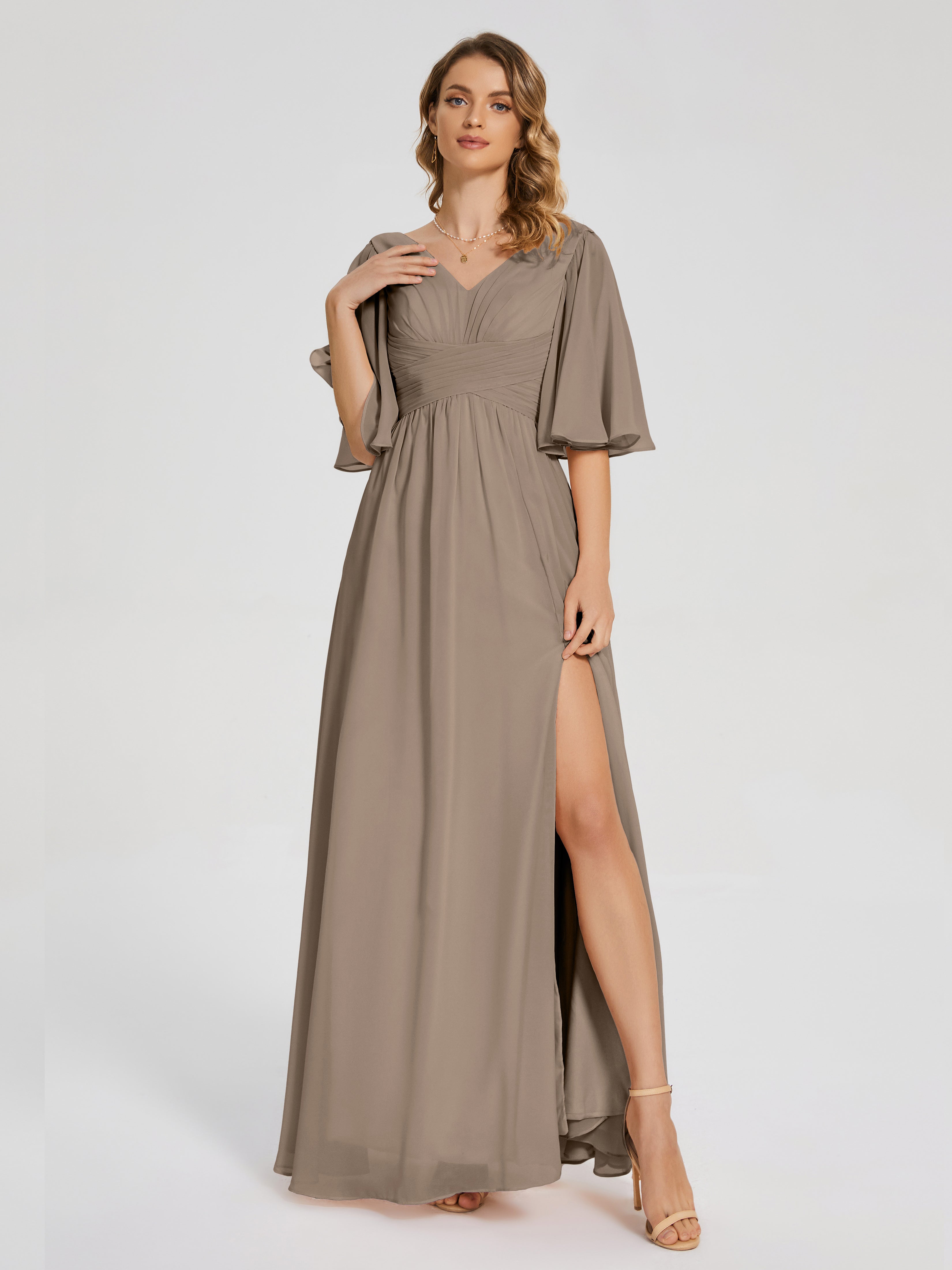 Robe Demoiselle D Honneur Taupe Demi Manches Fendue Mousseline Robes Demoiselle D'Honneur