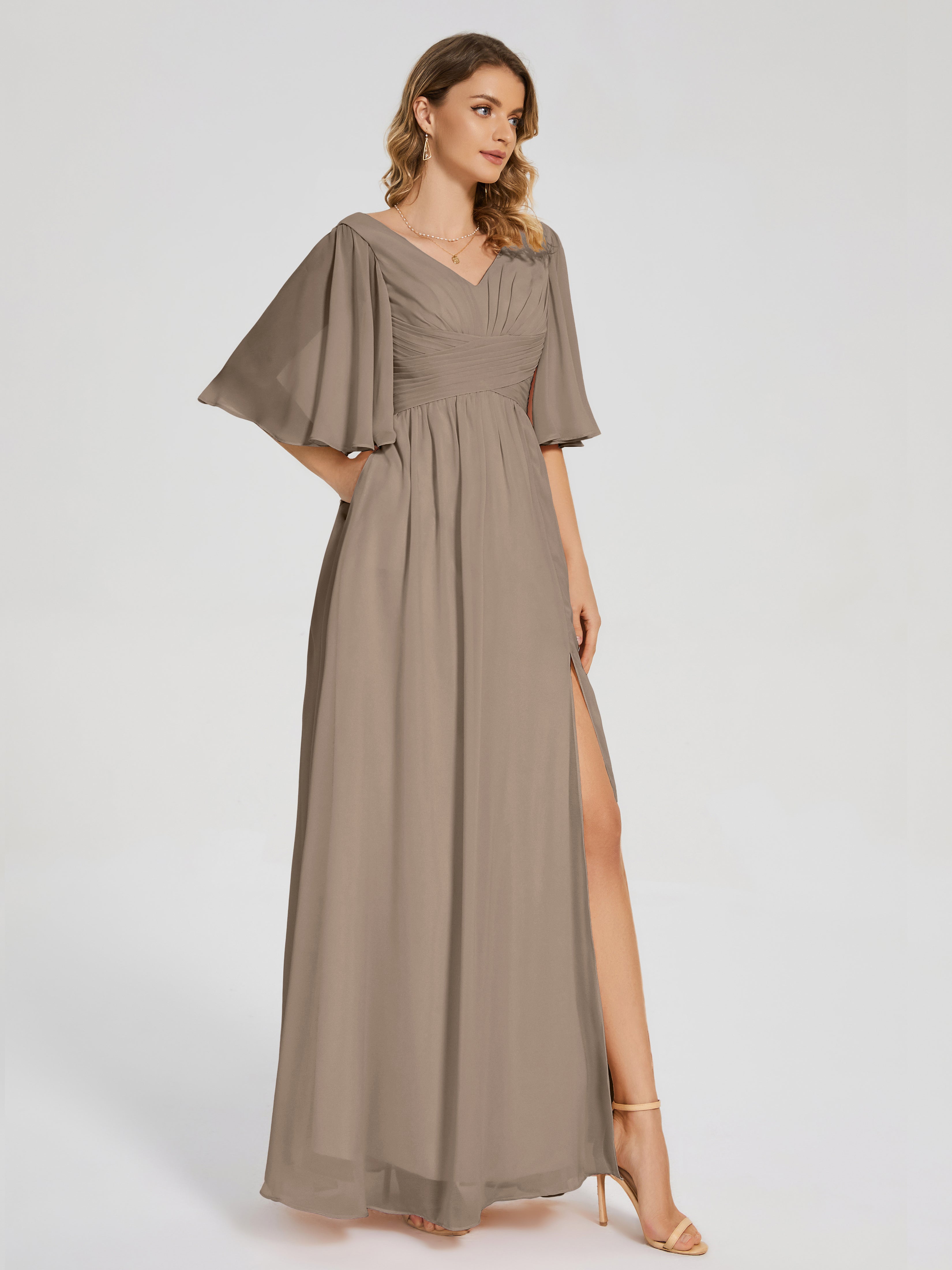 Robe Demoiselle D Honneur Taupe Demi Manches Fendue Mousseline Robes Demoiselle D'Honneur