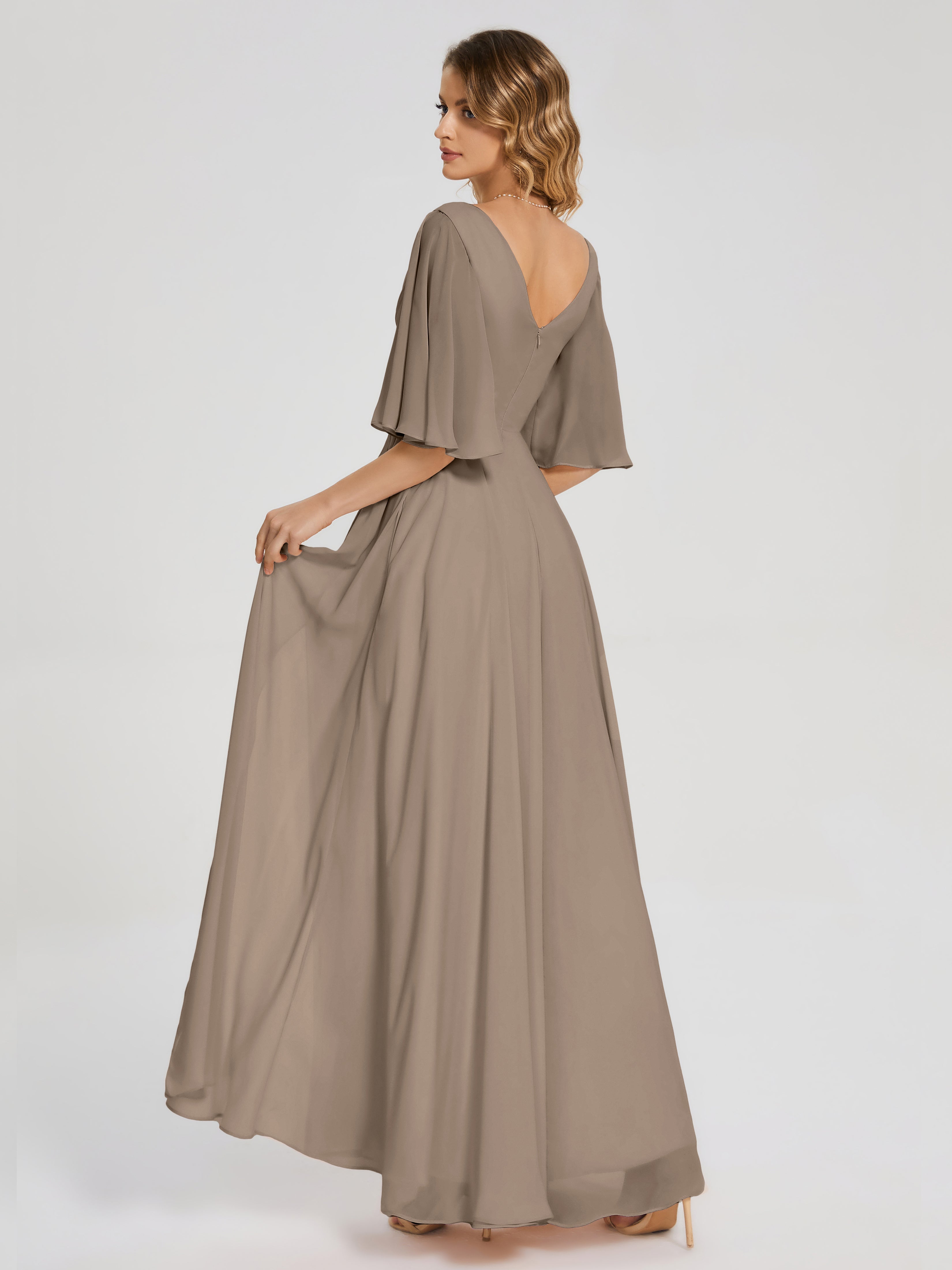 Robe Demoiselle D Honneur Taupe Demi Manches Fendue Mousseline Robes Demoiselle D'Honneur