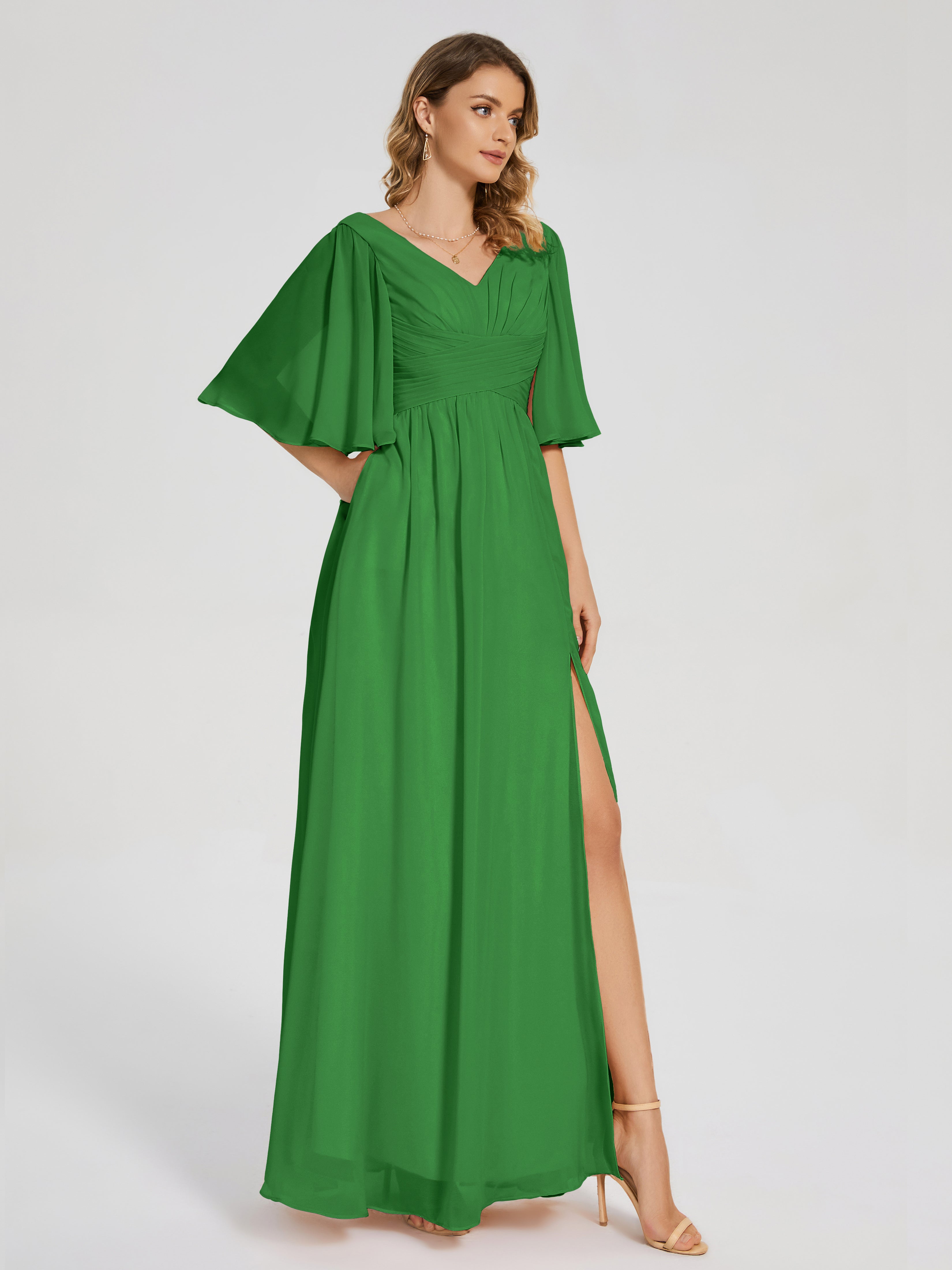 Robe De Demoiselle D Honneur Verte Demi Manches Fendue Mousseline Robes Demoiselle D'Honneur