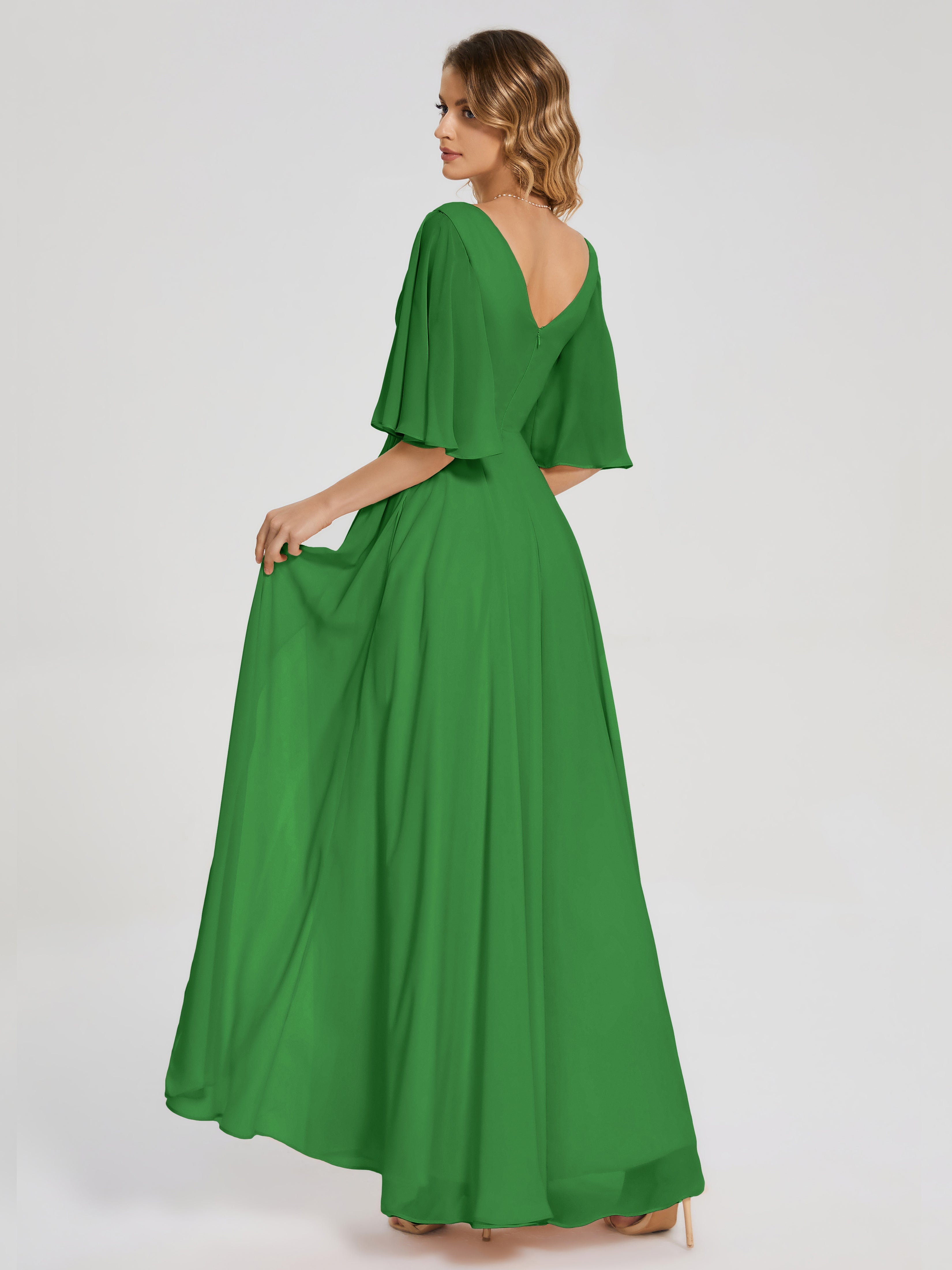 Robe De Demoiselle D Honneur Verte Demi Manches Fendue Mousseline Robes Demoiselle D'Honneur