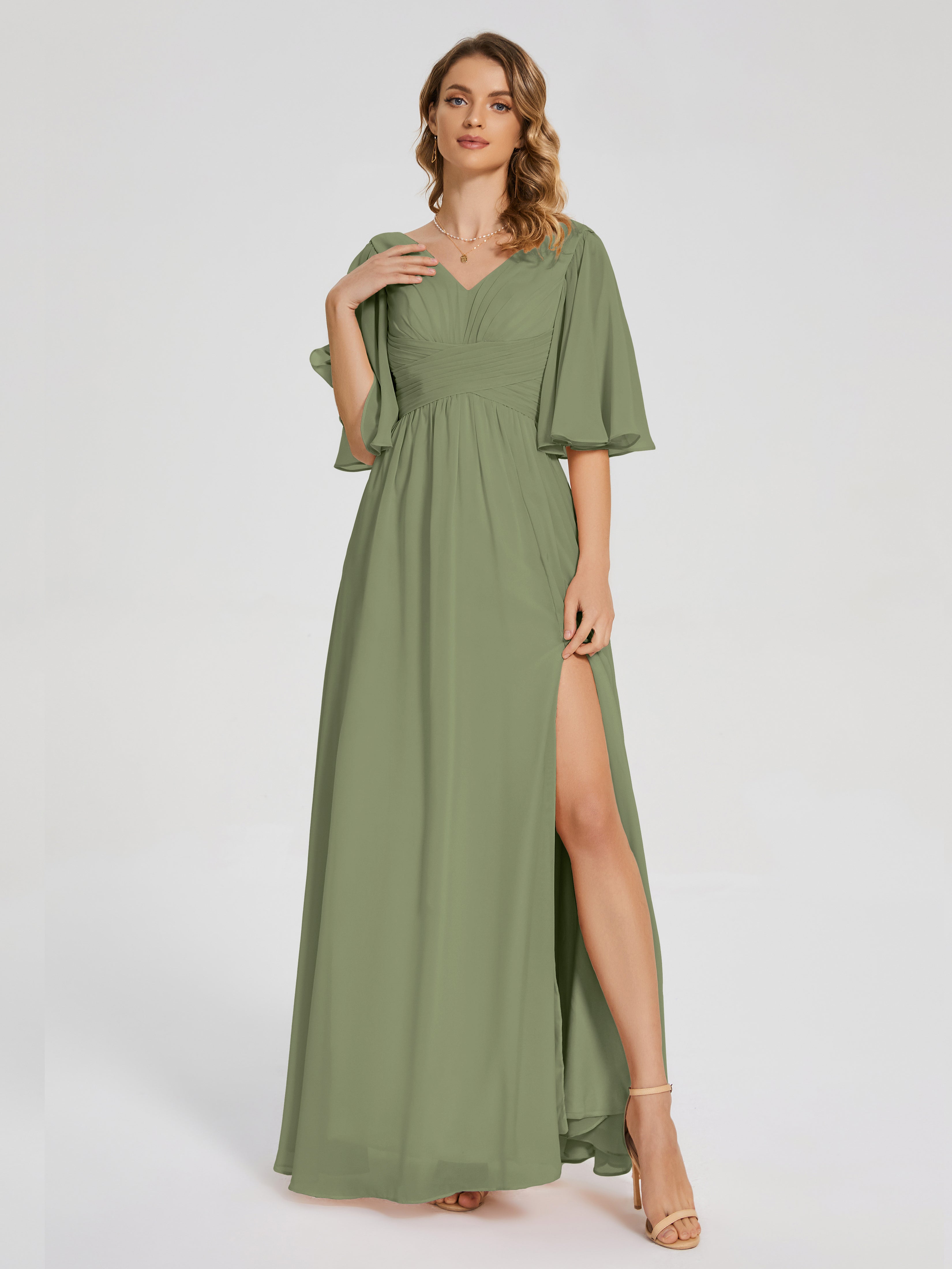 Robes De Demoiselle D'Honneur Vert Olive Demi Manches Fendue Mousseline Robes Demoiselle D'Honneur