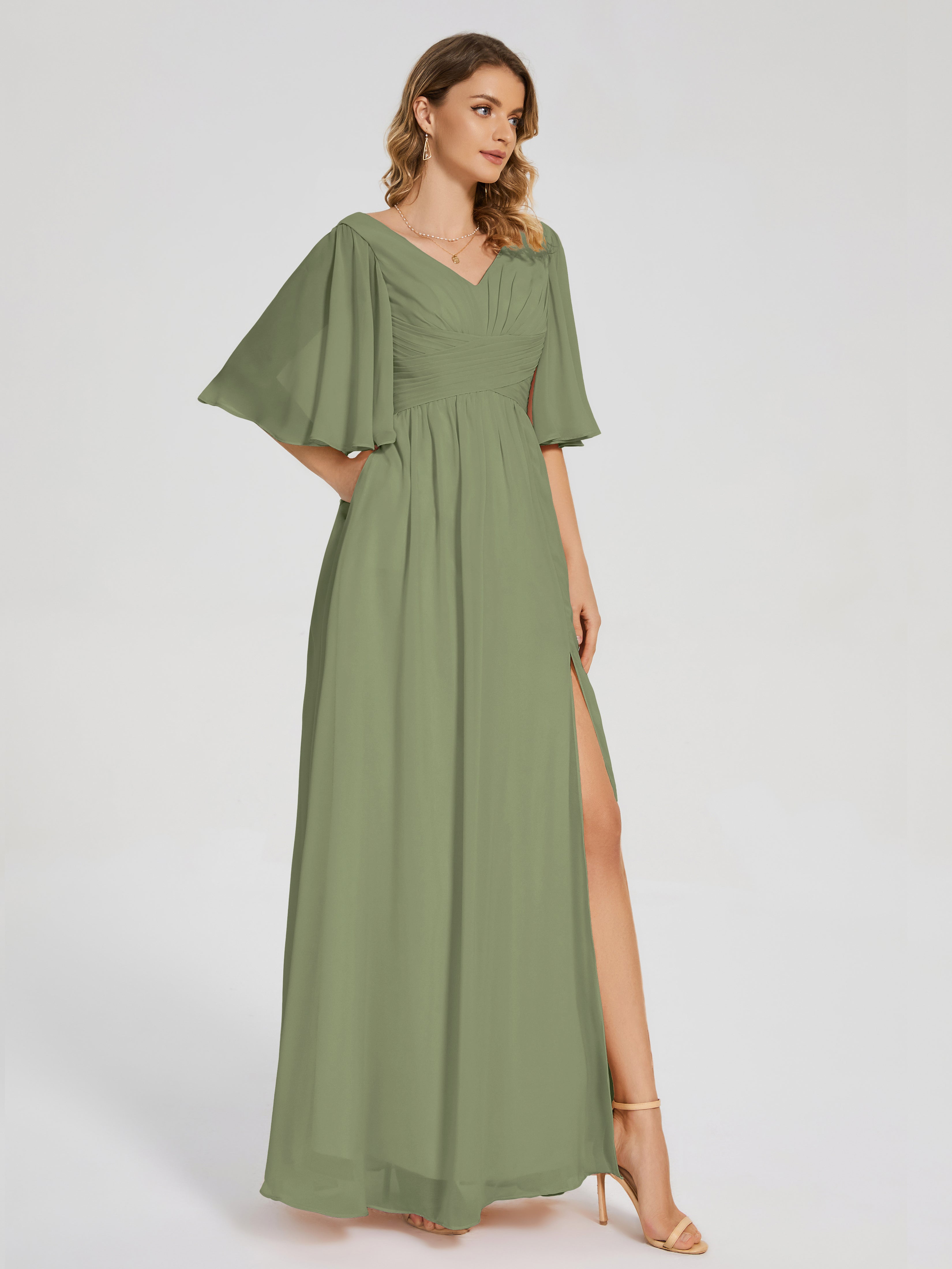 Robes De Demoiselle D'Honneur Vert Olive Demi Manches Fendue Mousseline Robes Demoiselle D'Honneur