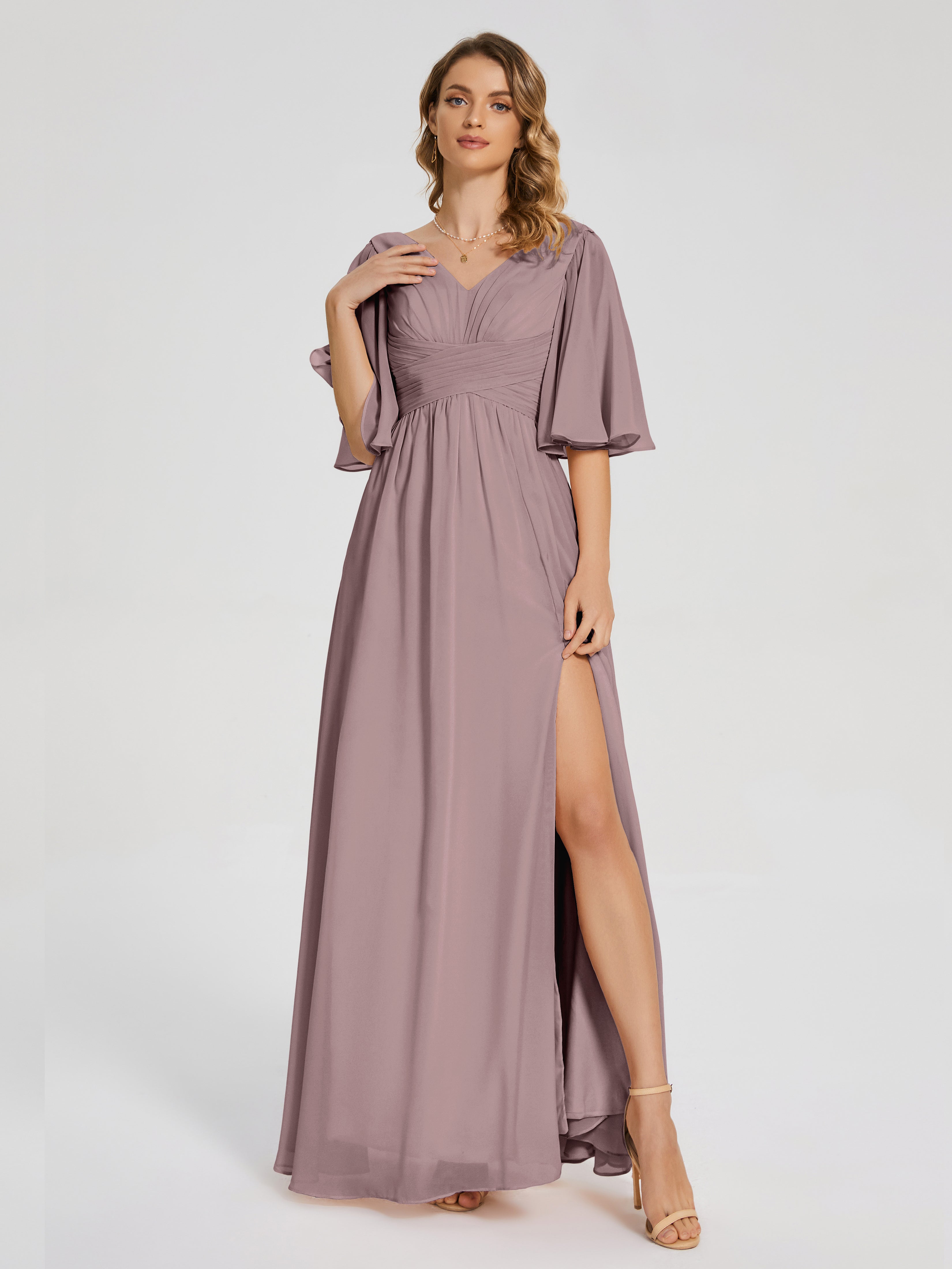 Robes De Demoiselle D'Honneur Mauve Foncé Demi Manches Fendue Mousseline Robes Demoiselle D'Honneur
