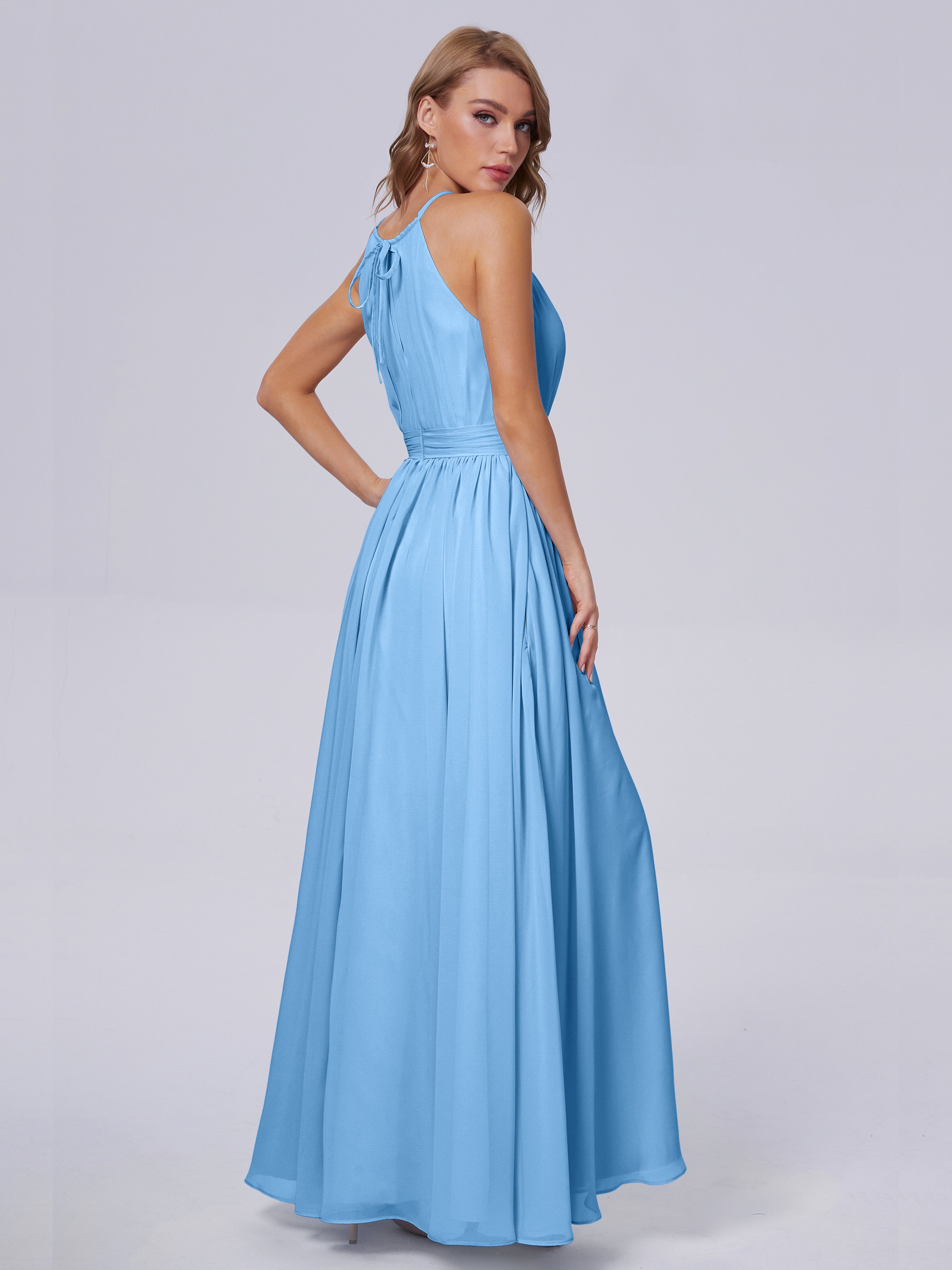 Robe Demoiselle Dhonneur Bleu Brillante Licou Mousseline Robes Demoiselle D'Honneur