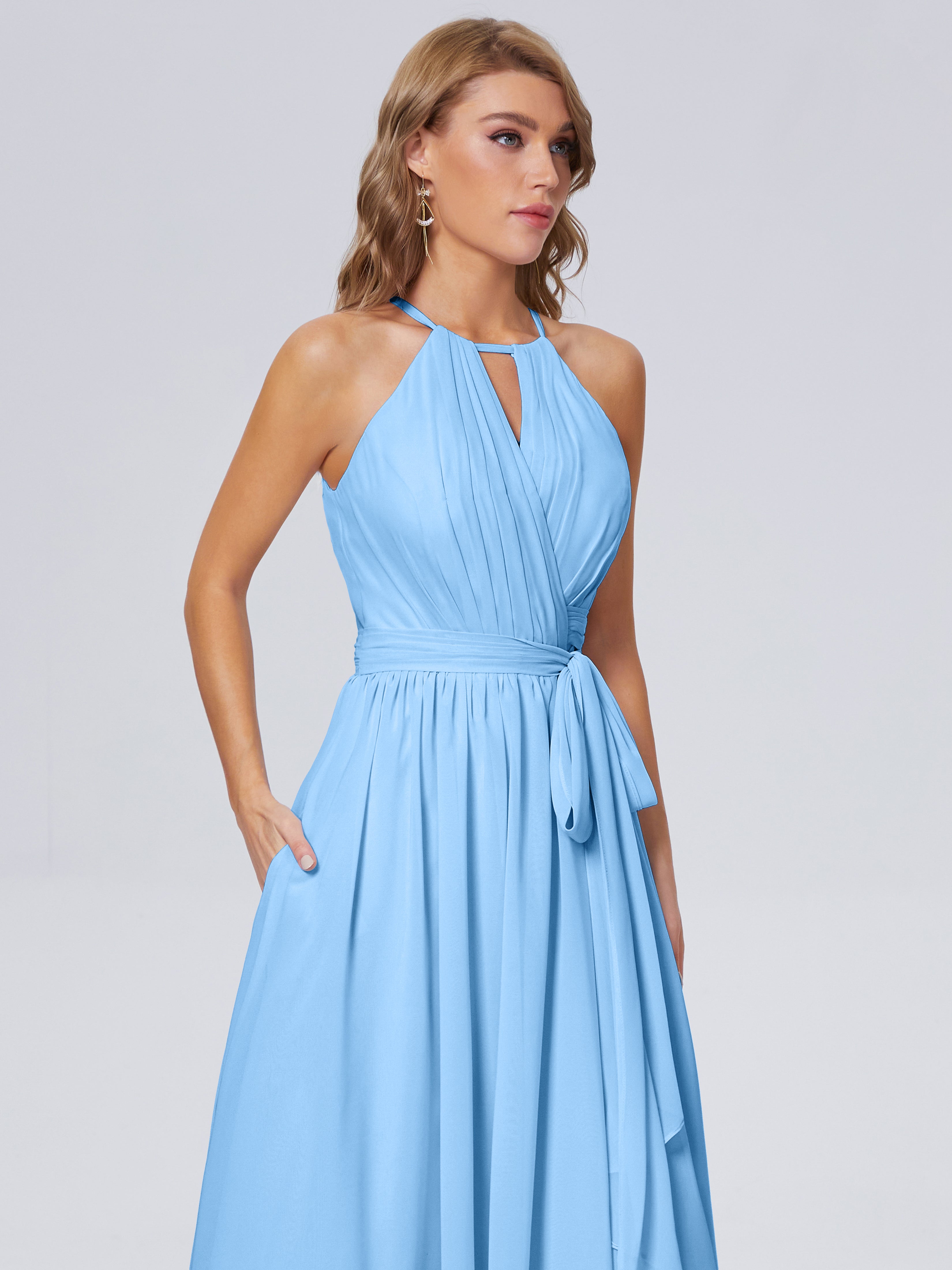 Robe Demoiselle Dhonneur Bleu Brillante Licou Mousseline Robes Demoiselle D'Honneur