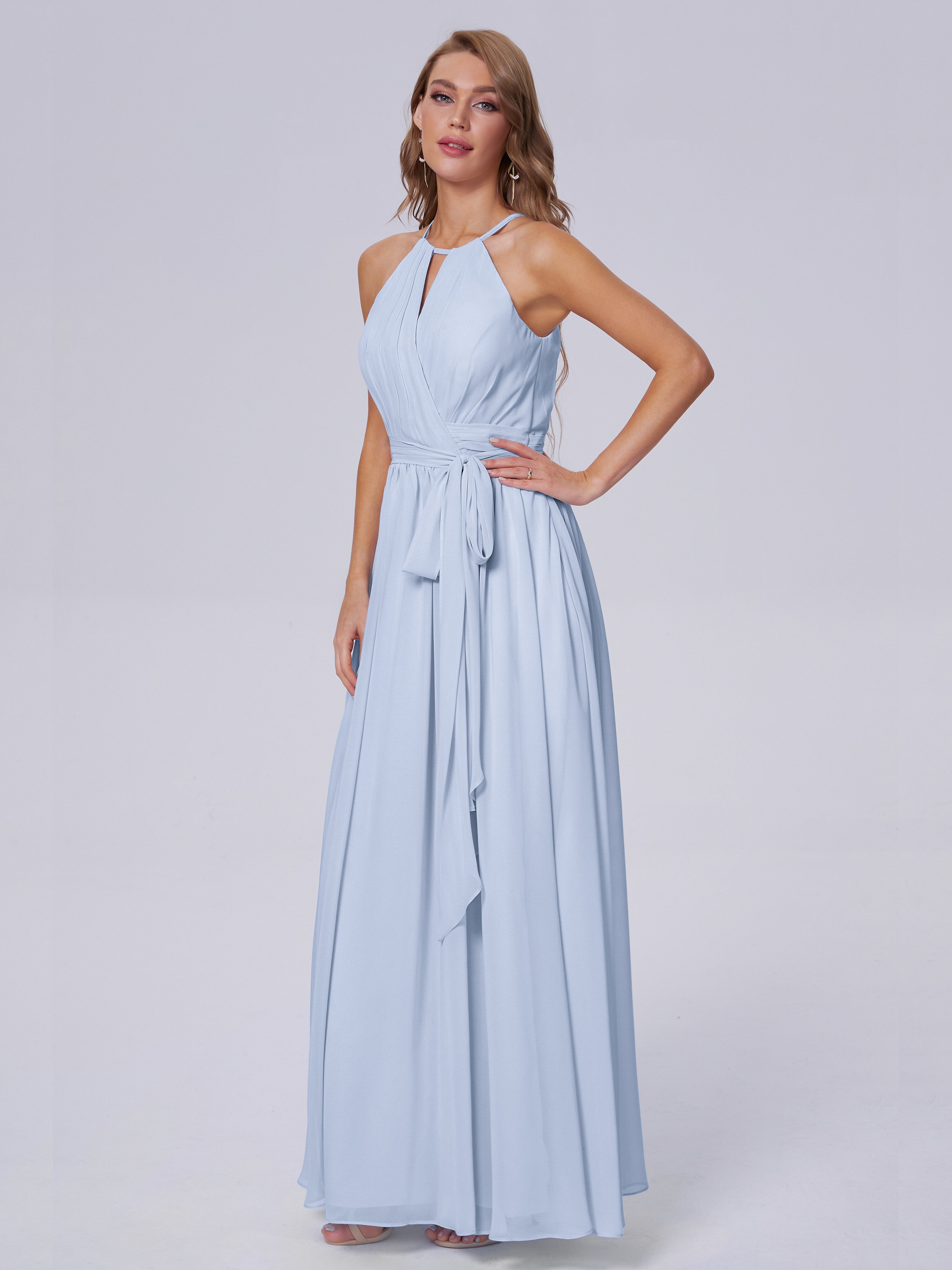 Robe Bleu Ciel Demoiselle D Honneur Brillante Licou Mousseline Robes Demoiselle D'Honneur