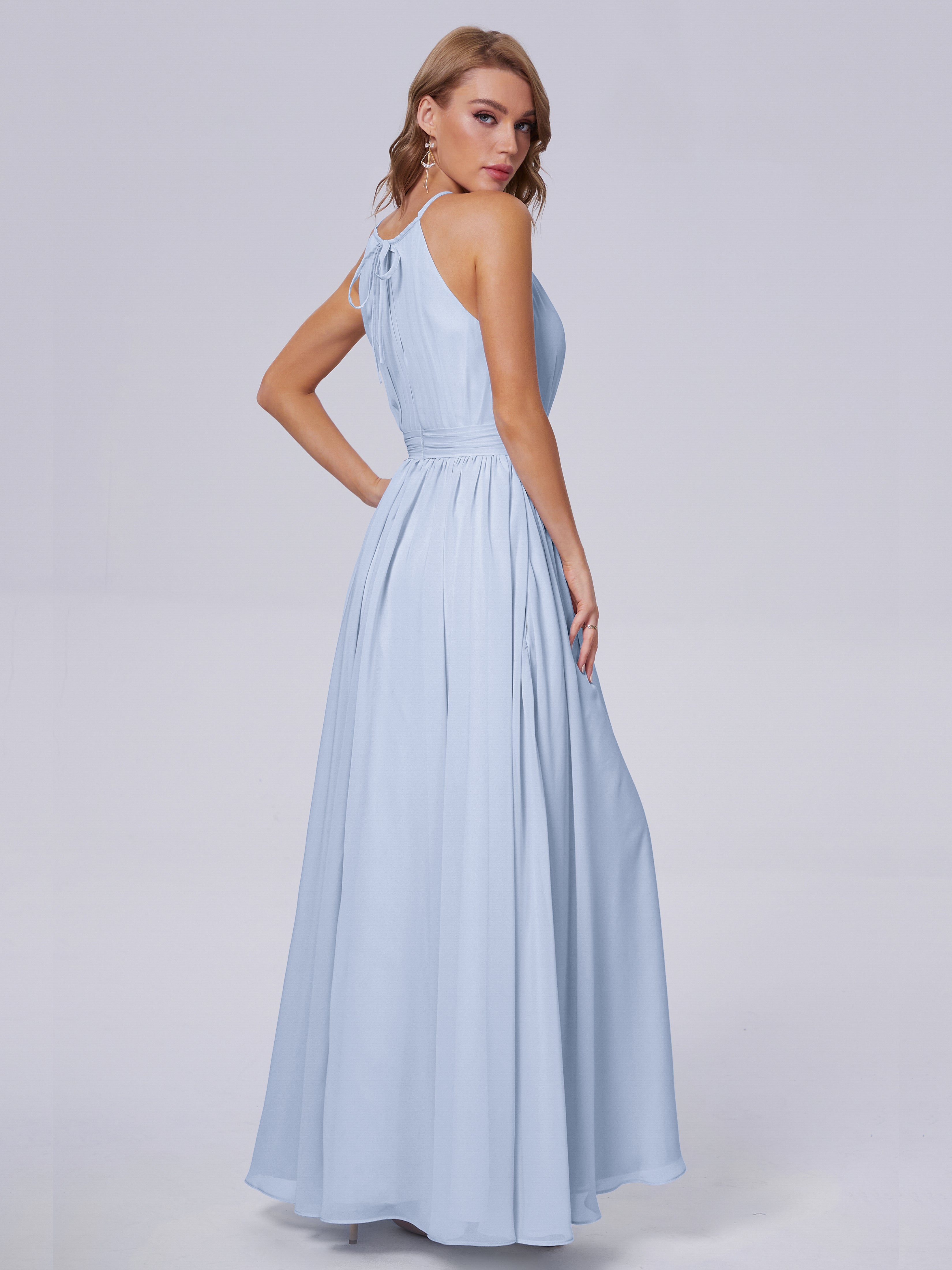 Robe Bleu Ciel Demoiselle D Honneur Brillante Licou Mousseline Robes Demoiselle D'Honneur