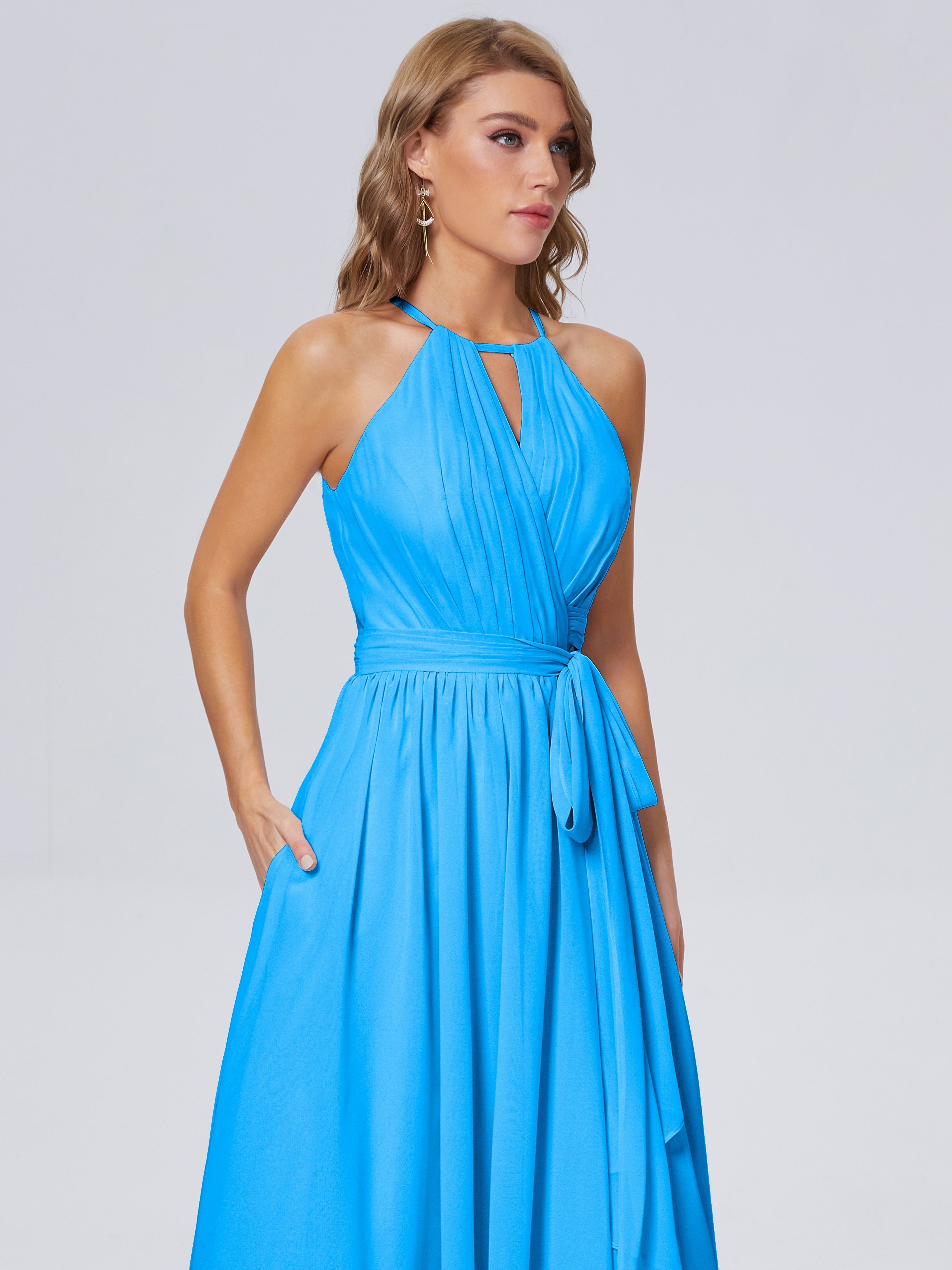 Robes De Demoiselle D'Honneur Bleu Océan Brillante Licou Mousseline Robes Demoiselle D'Honneur