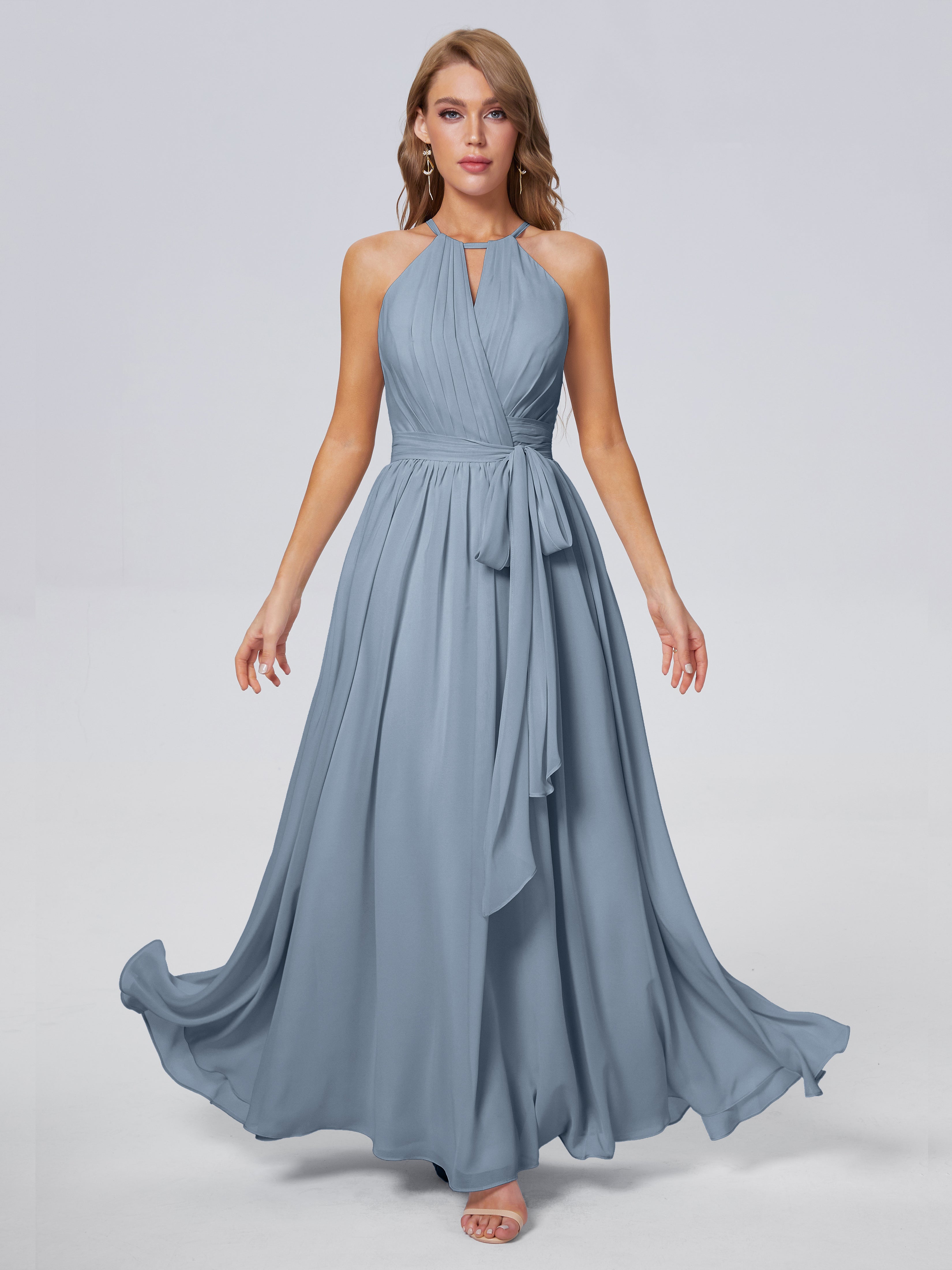Robes De Demoiselle D'Honneur Bleu Poussiéreux Brillante Licou Mousseline Robes Demoiselle D'Honneur