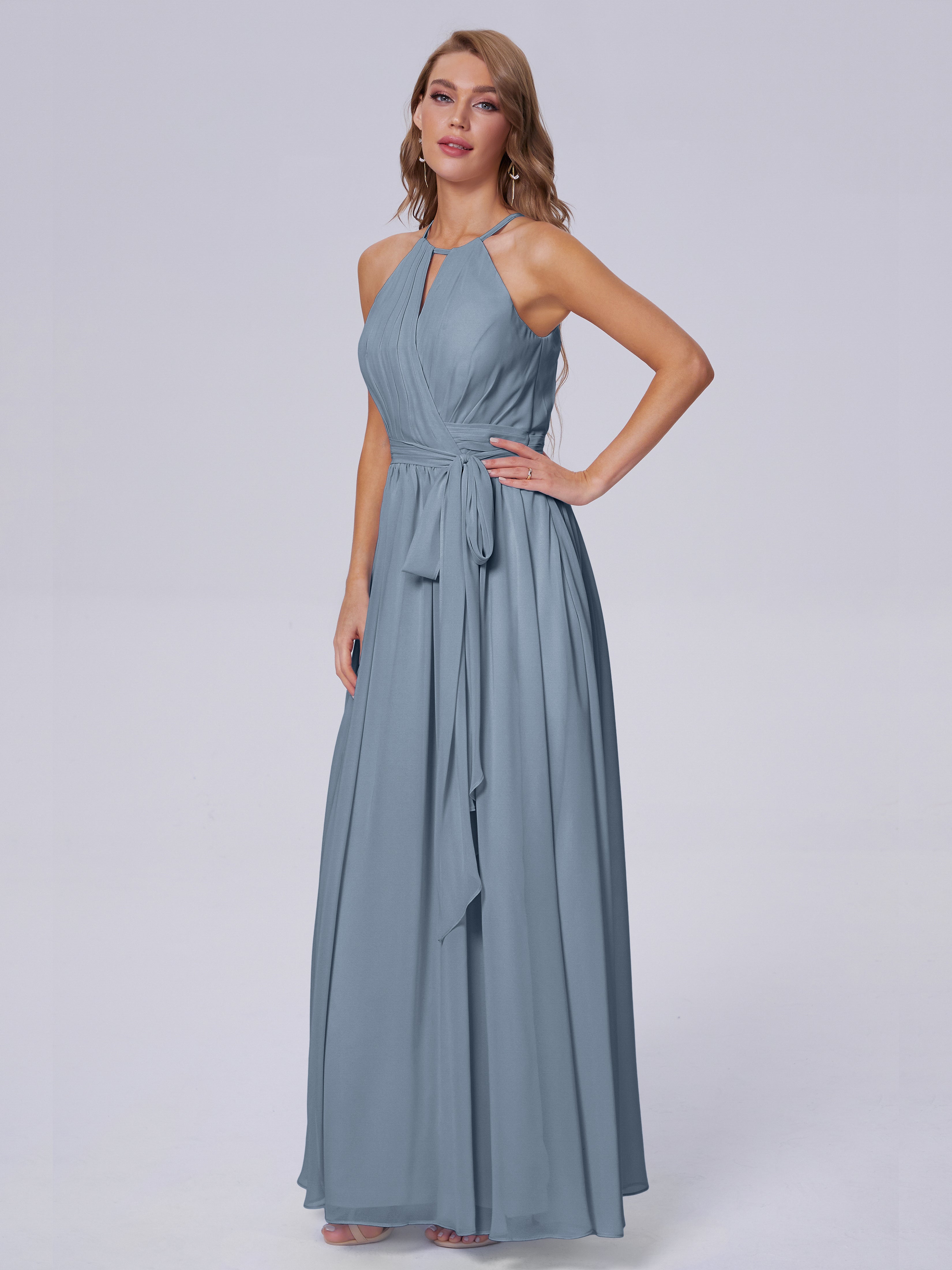 Robes De Demoiselle D'Honneur Bleu Poussiéreux Brillante Licou Mousseline Robes Demoiselle D'Honneur