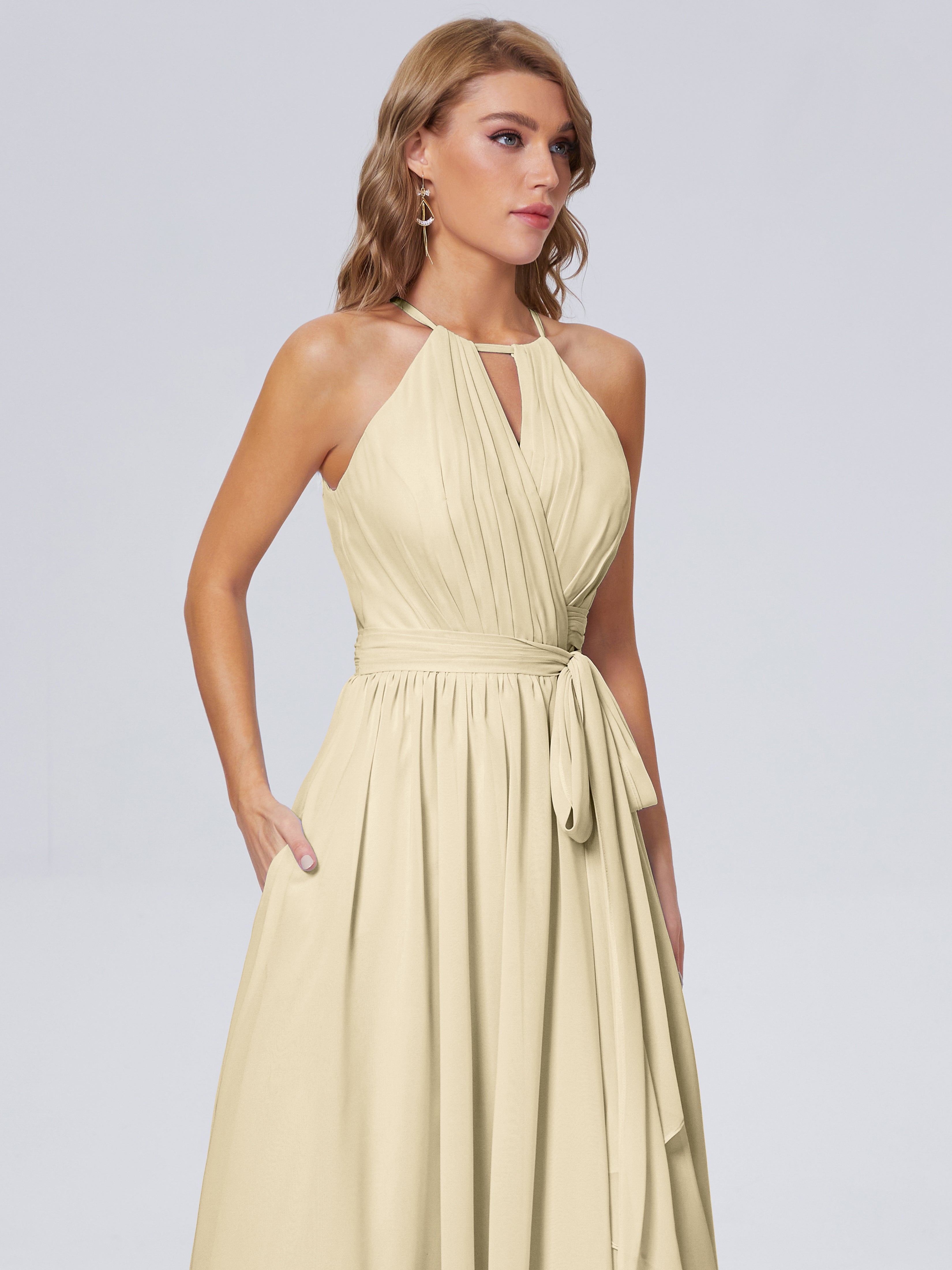 Robe Champagne Demoiselle D Honneur Brillante Licou Mousseline Robes Demoiselle D'Honneur