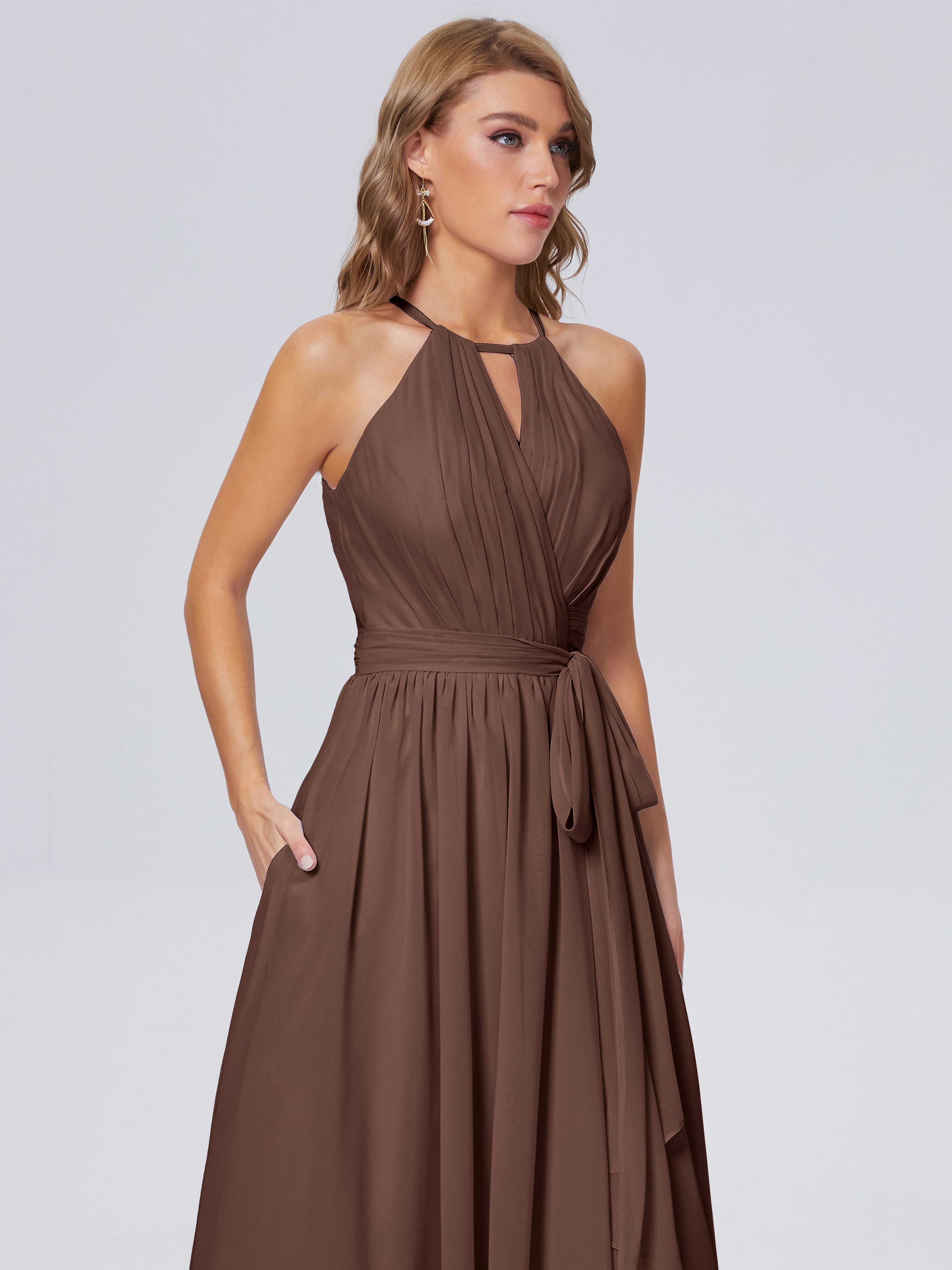 Robe De Demoiselle D Honneur Chocolat Brillante Licou Mousseline Robes Demoiselle D'Honneur