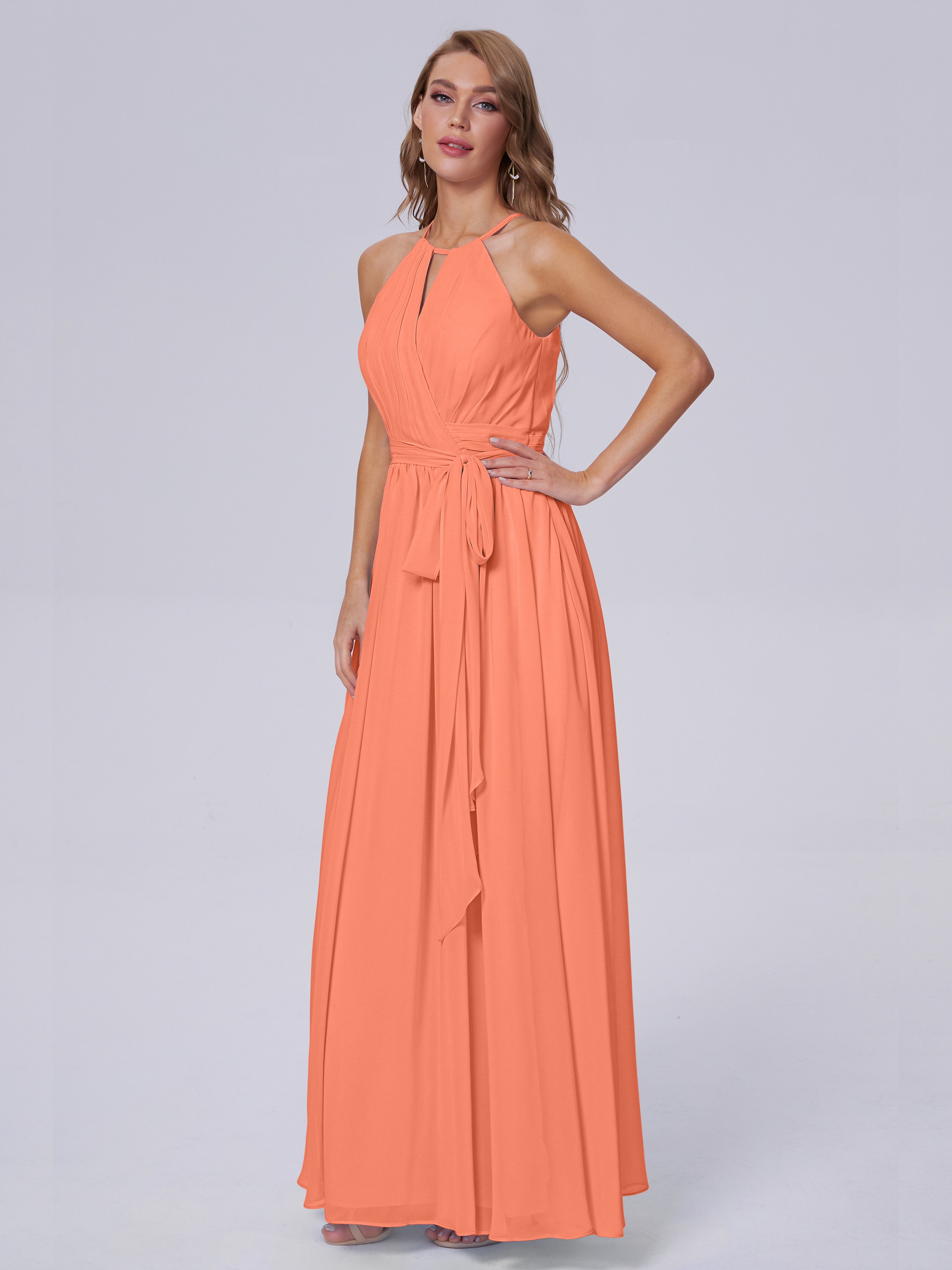 Robes De Demoiselle D'Honneur Coucher De Soleil Brillante Licou Mousseline Robes Demoiselle D'Honneur