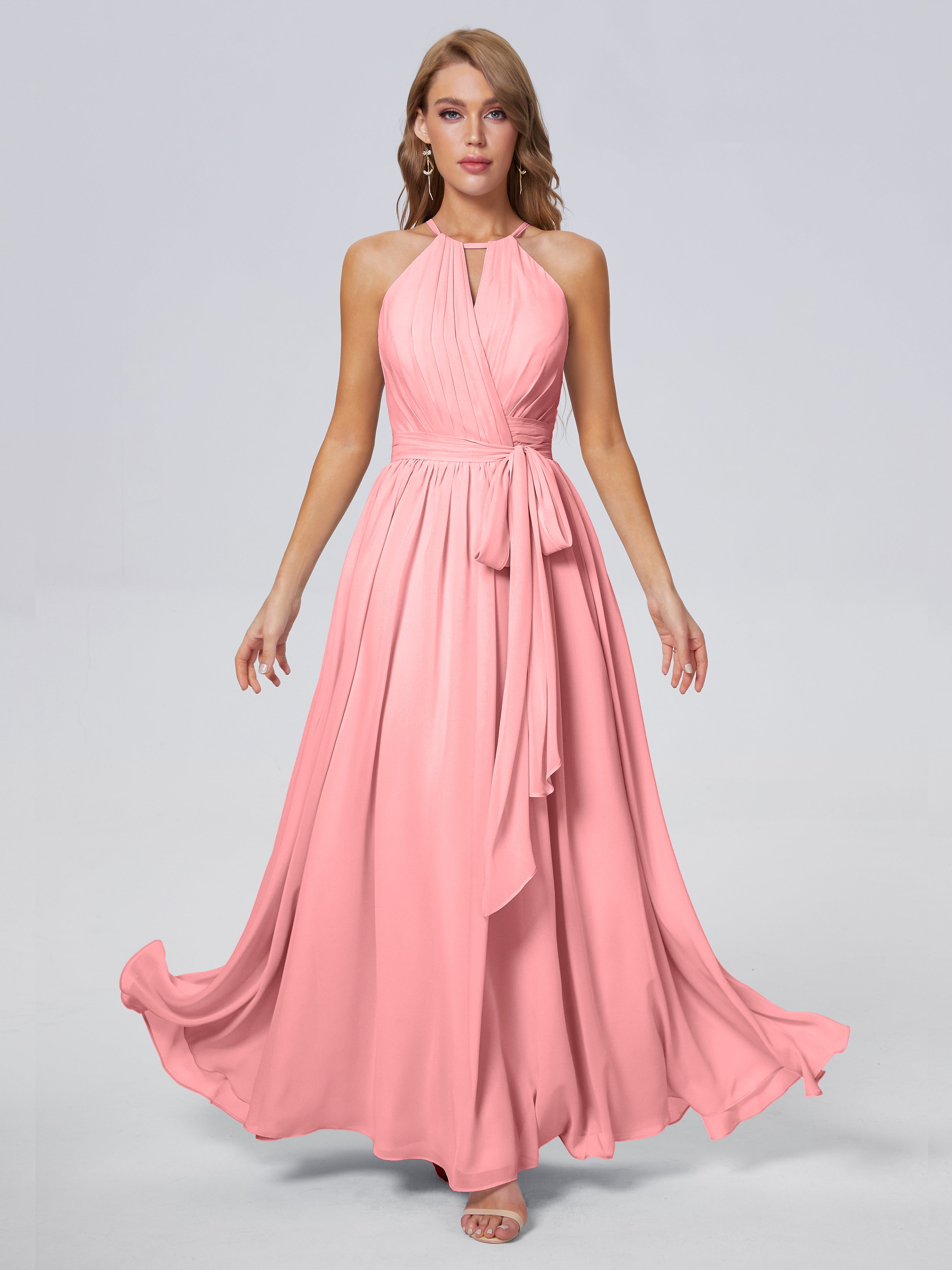 Robes De Demoiselle D'Honneur Flamant Brillante Licou Mousseline Robes Demoiselle D'Honneur
