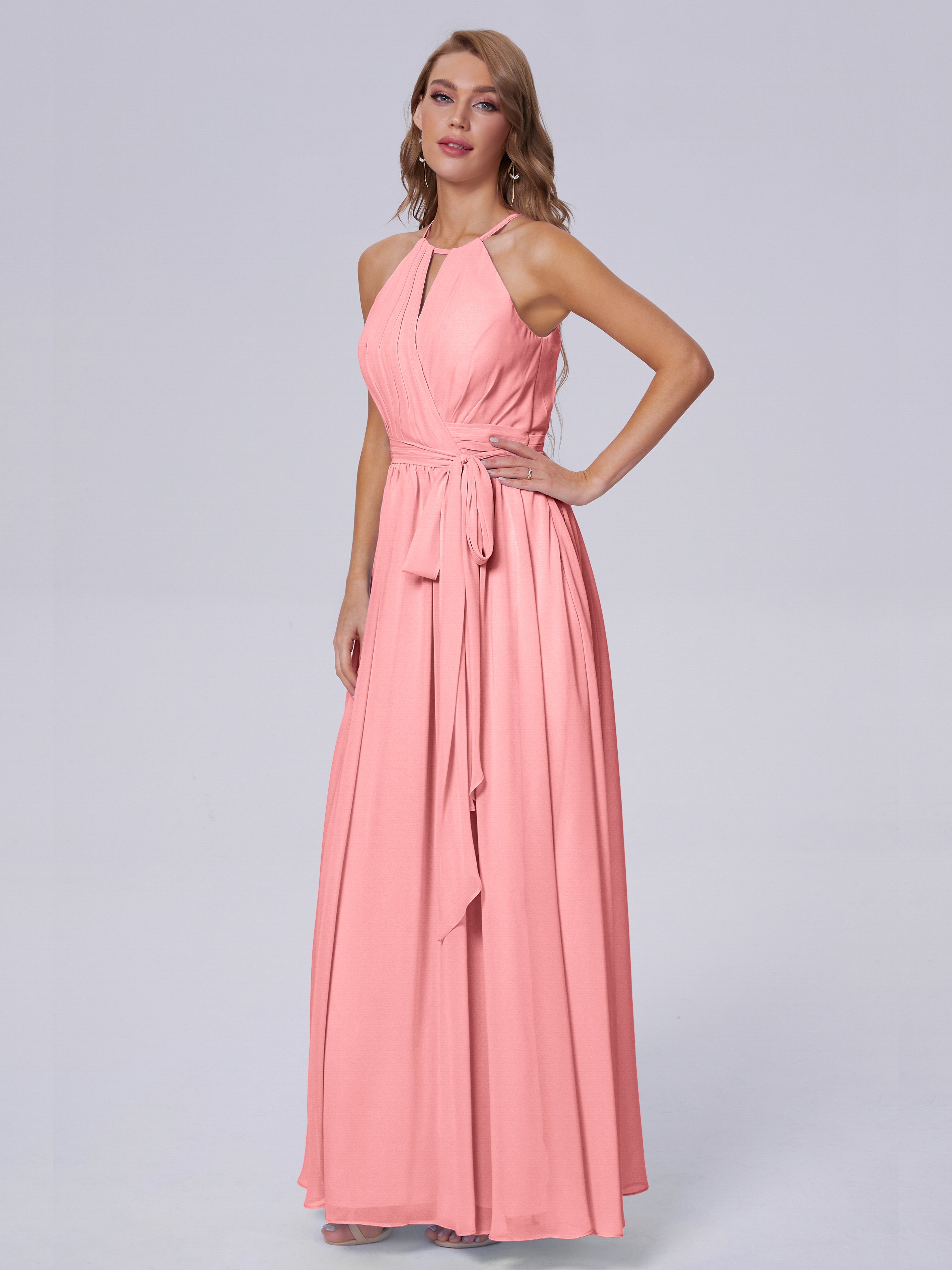 Robes De Demoiselle D'Honneur Flamant Brillante Licou Mousseline Robes Demoiselle D'Honneur