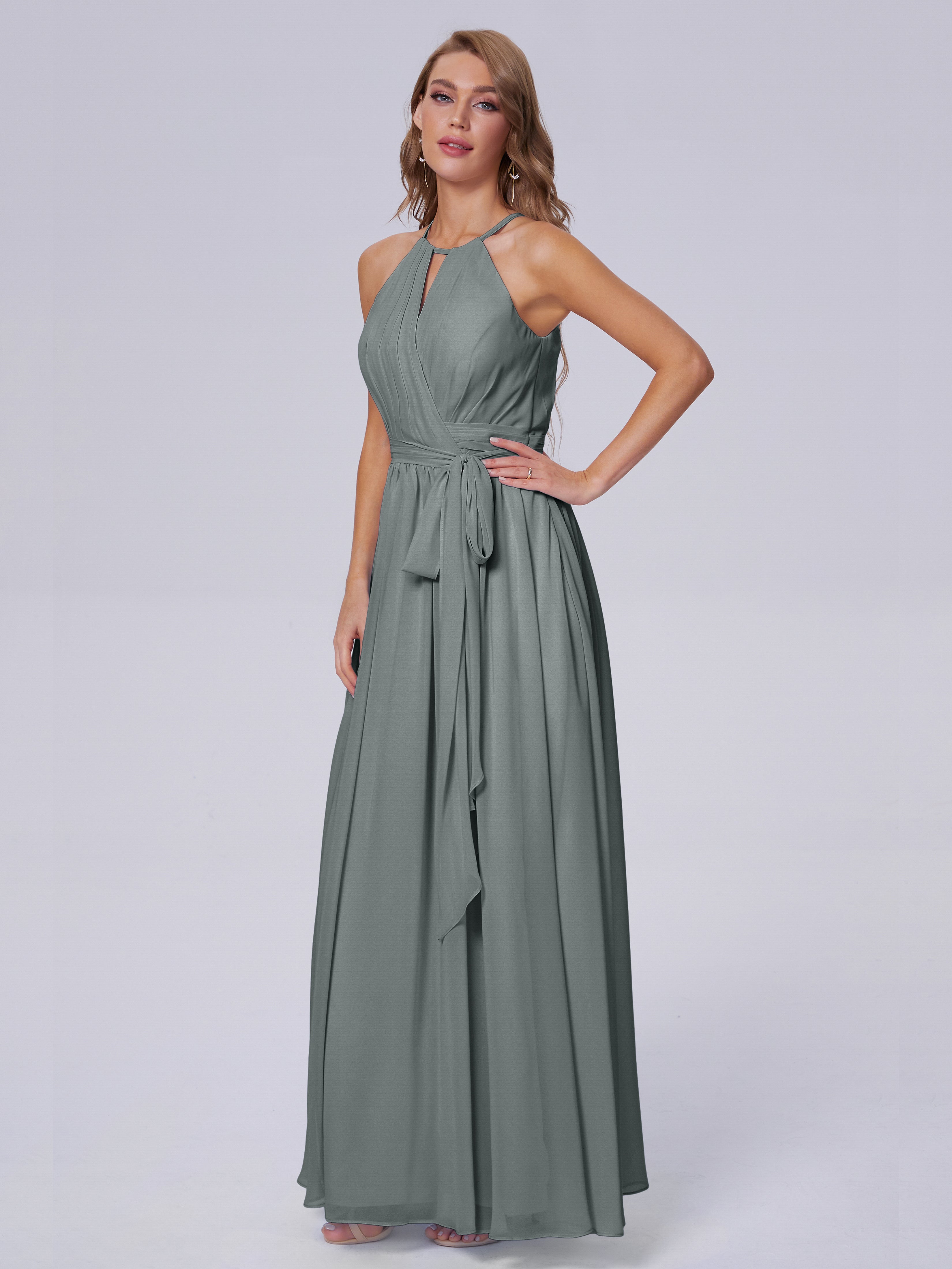 Robe Demoiselle D Honneur Gris Argenté Brillante Licou Mousseline Robes Demoiselle D'Honneur