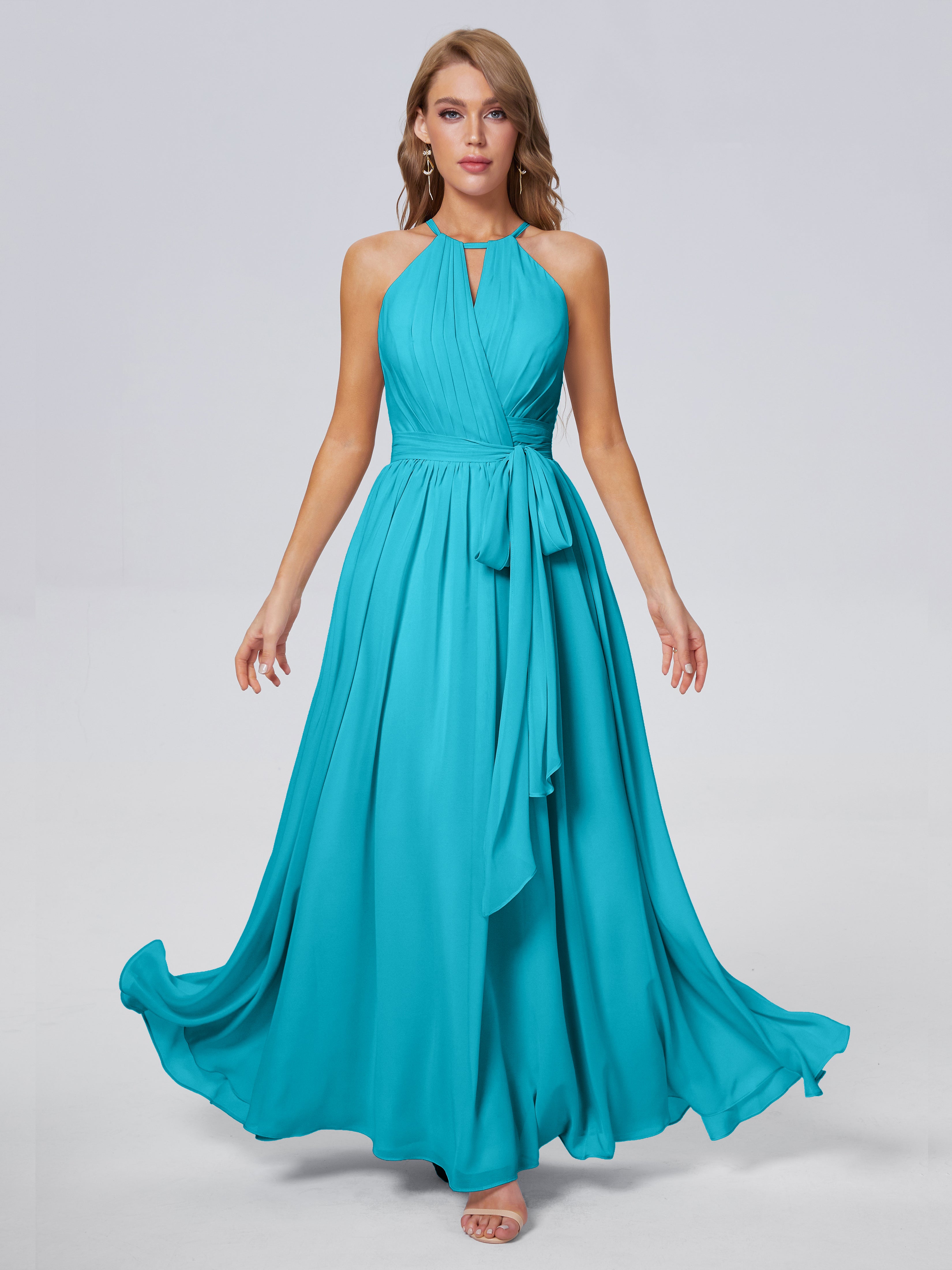Robes De Demoiselle D'Honneur Vert Jade Brillante Licou Mousseline Robes Demoiselle D'Honneur