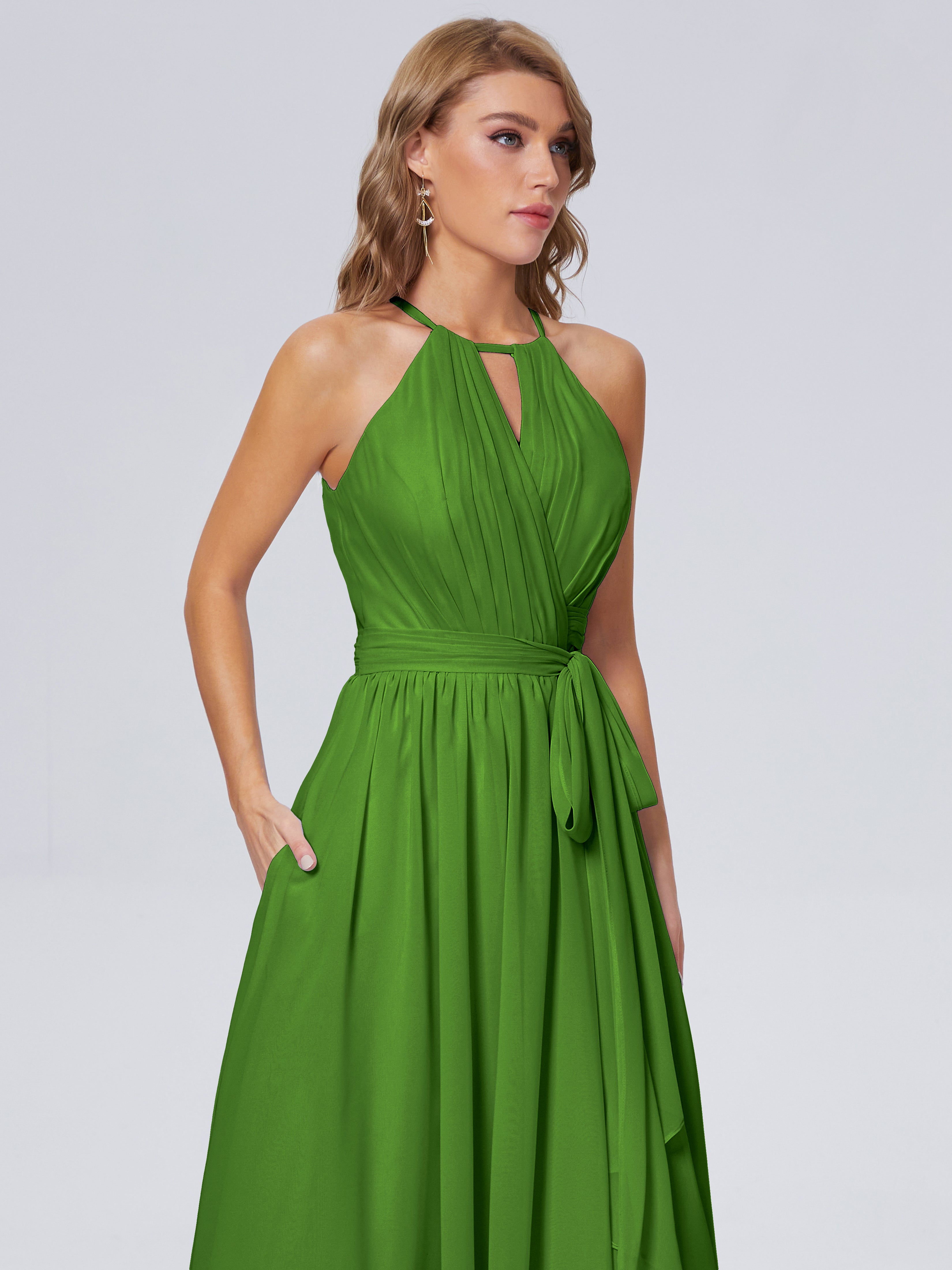 Robes De Demoiselle D'Honneur Vert Mousse Brillante Licou Mousseline Robes Demoiselle D'Honneur