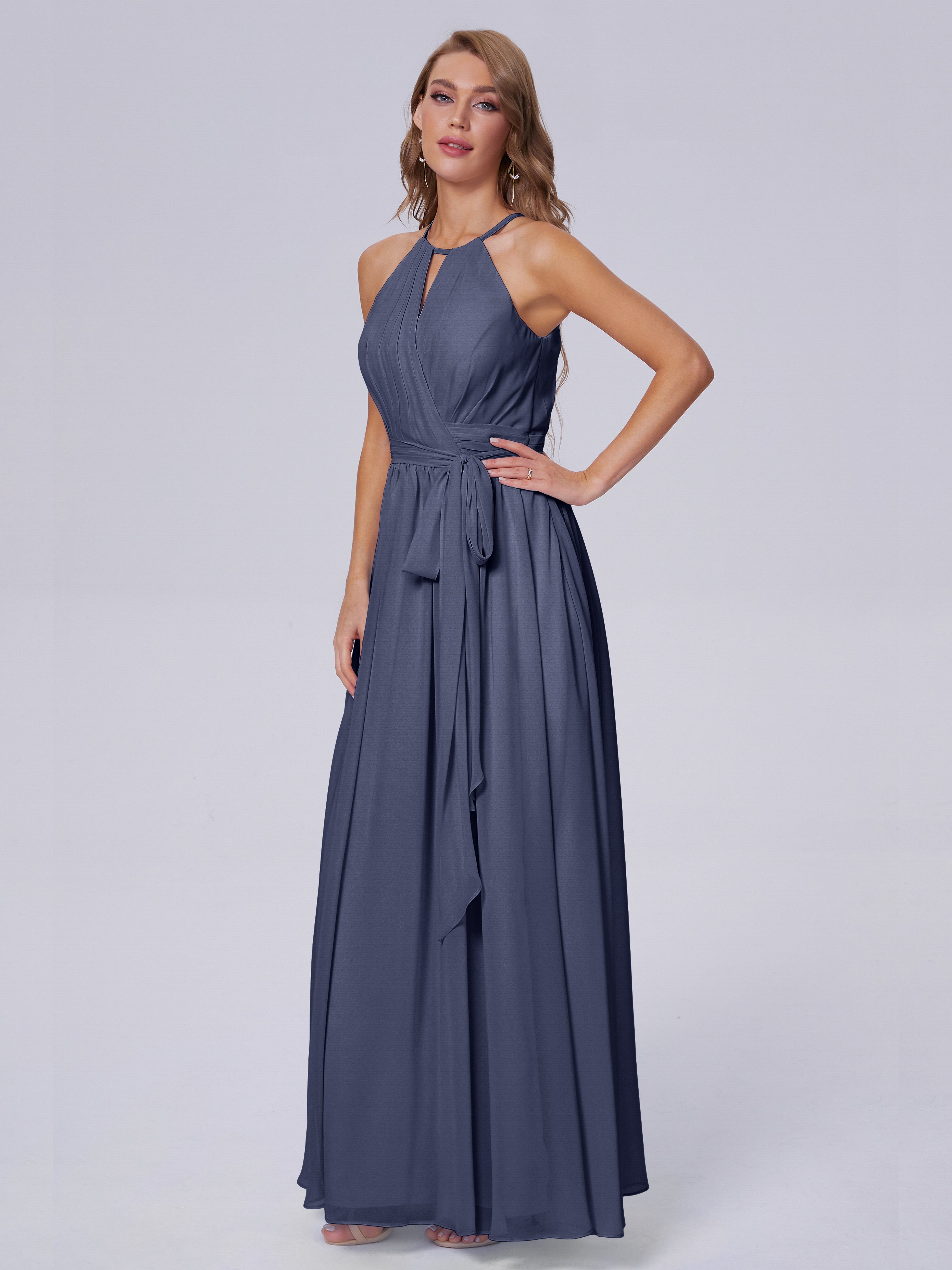 Robes De Demoiselle D'Honneur Bleu Orageux Brillante Licou Mousseline Robes Demoiselle D'Honneur