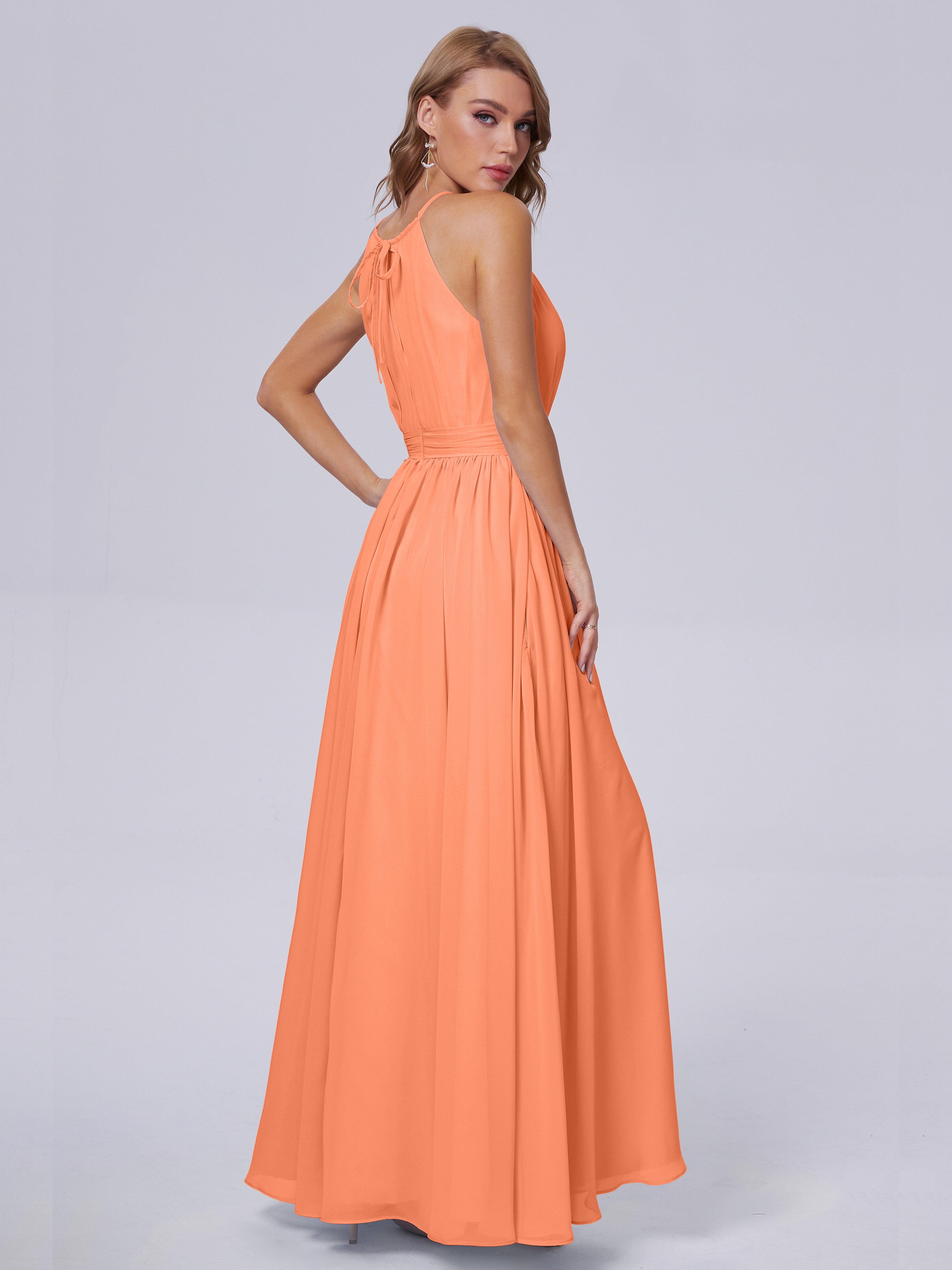 Robes De Demoiselle D'Honneur Papaye Brillante Licou Mousseline Robes Demoiselle D'Honneur