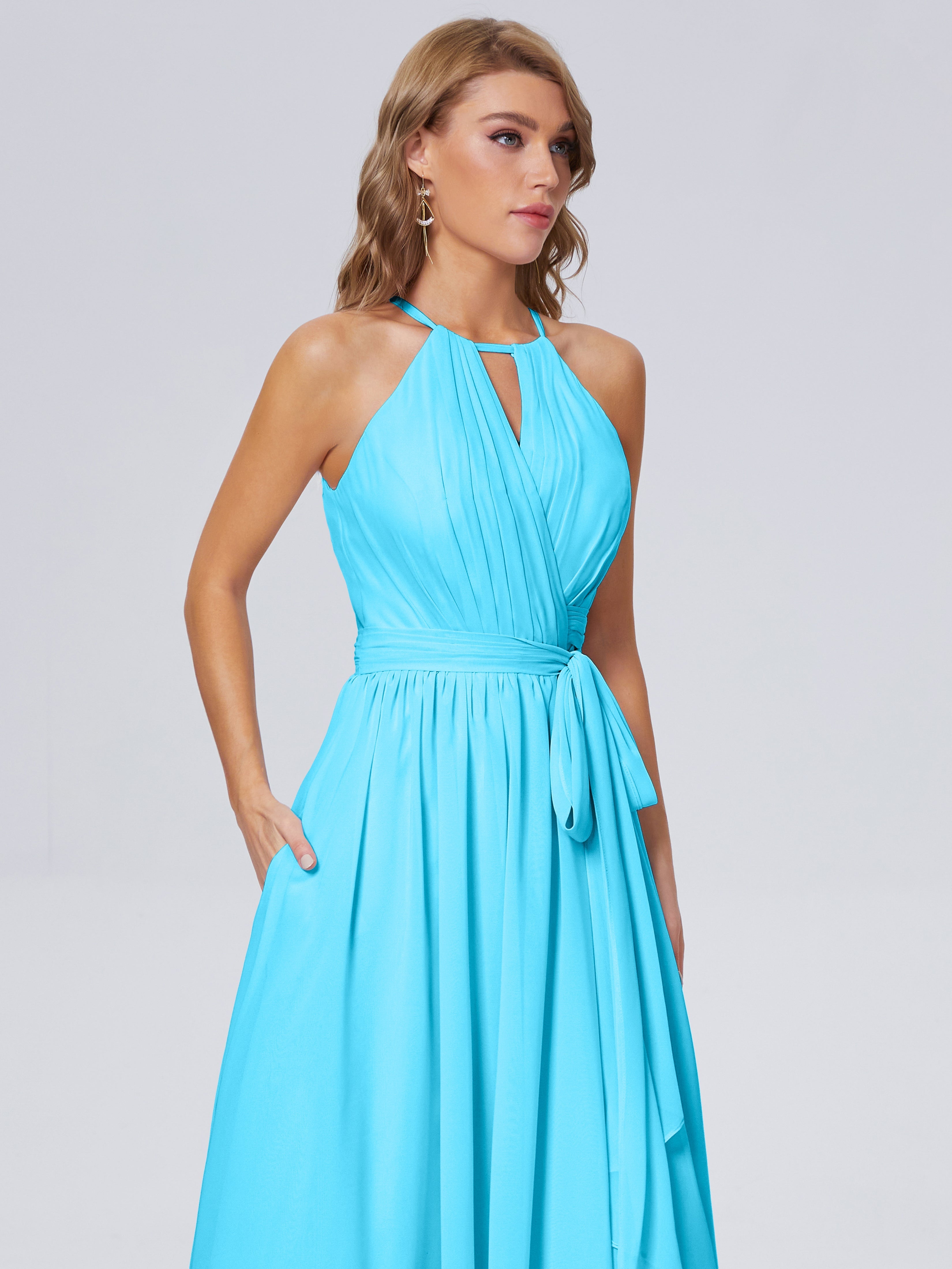 Robe De Demoiselle D'Honneur En Piscine Brillante Licou Mousseline Robes Demoiselle D'Honneur
