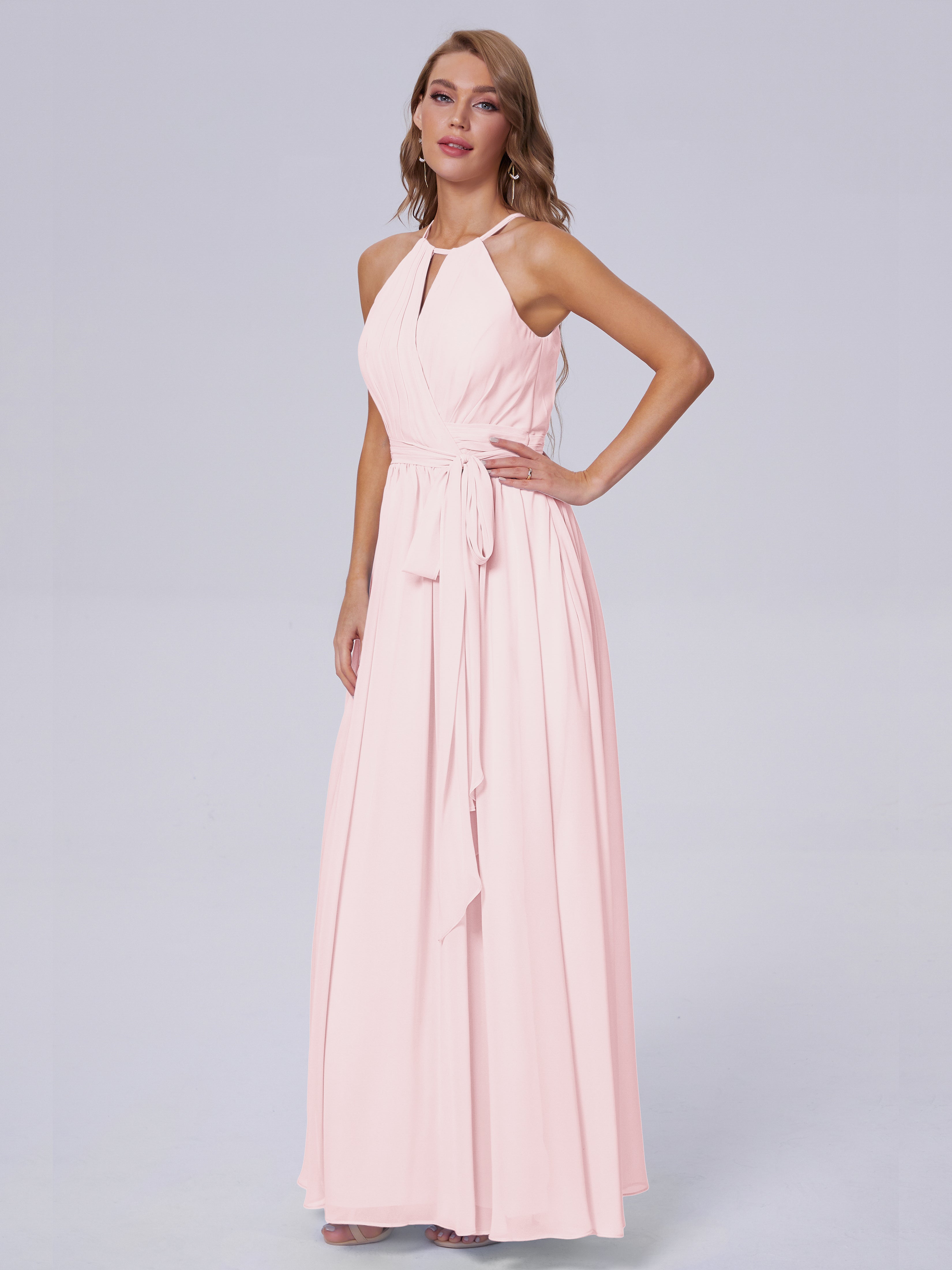 Demoiselle D Honneur Robe Rose Pale Brillante Licou Mousseline Robes Demoiselle D'Honneur