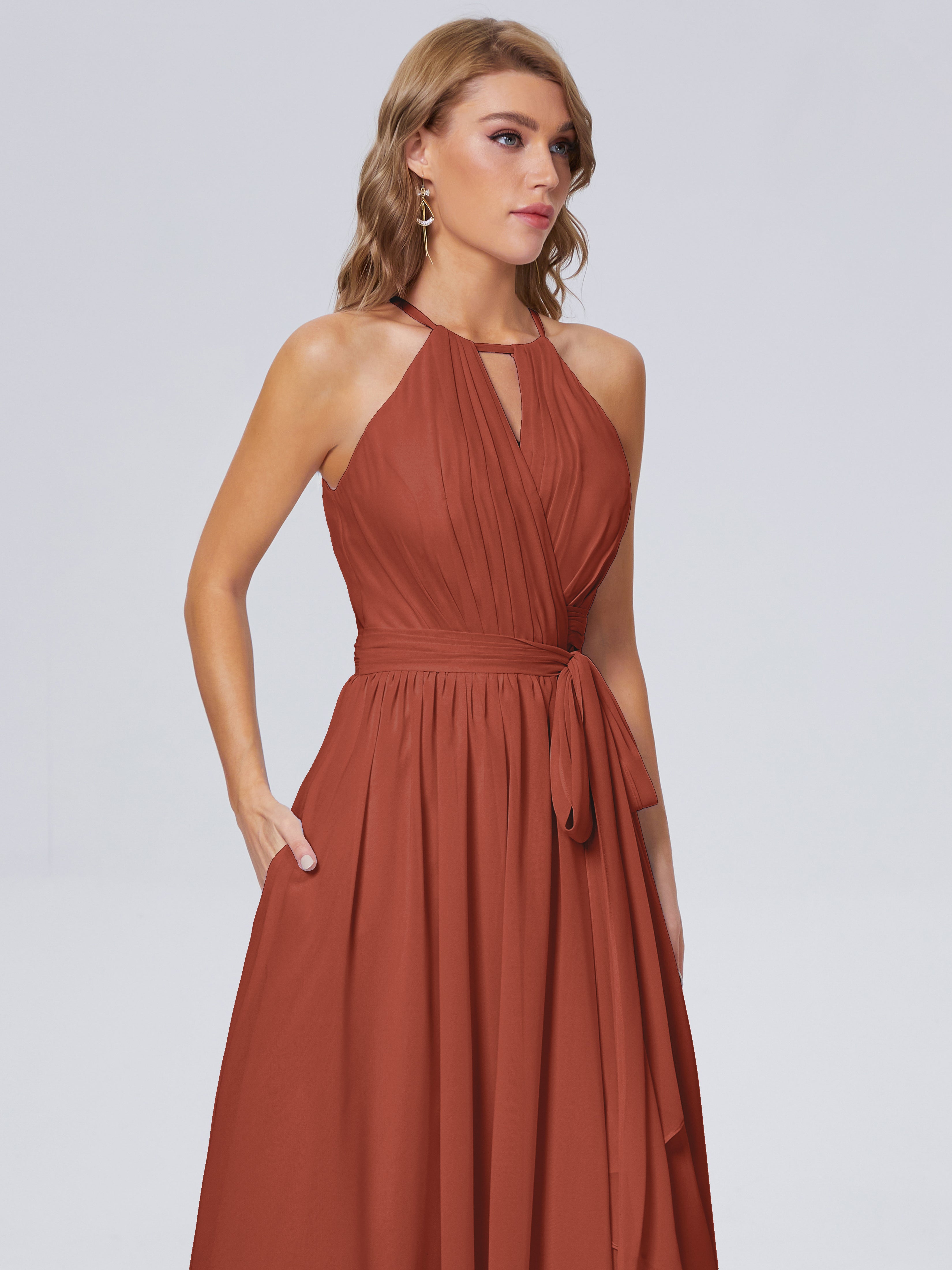 Robe Demoiselle D Honneur Rouille Brillante Licou Mousseline Robes Demoiselle D'Honneur