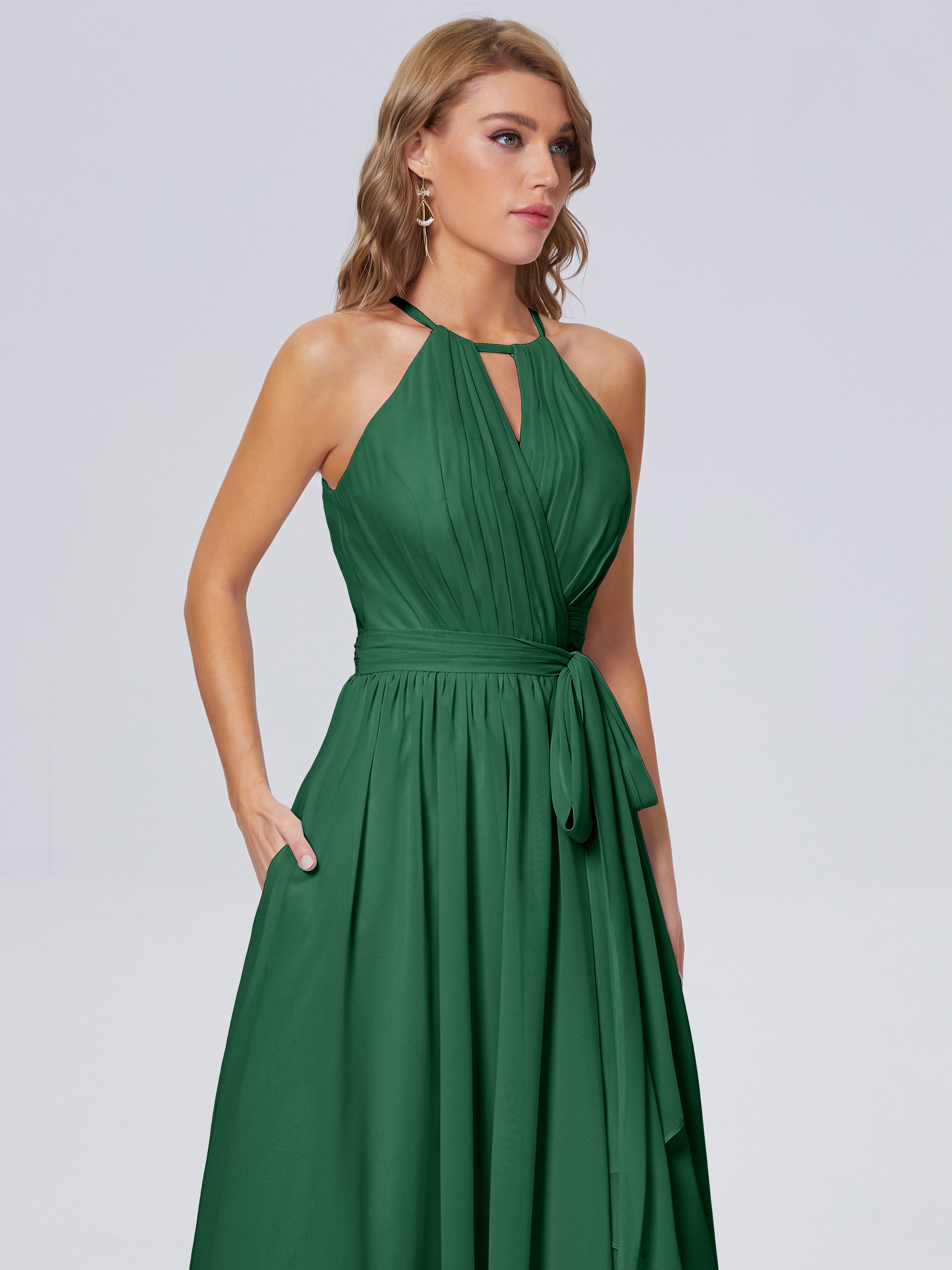 Robe Demoiselle D Honneur Vert Foncé Brillante Licou Mousseline Robes Demoiselle D'Honneur