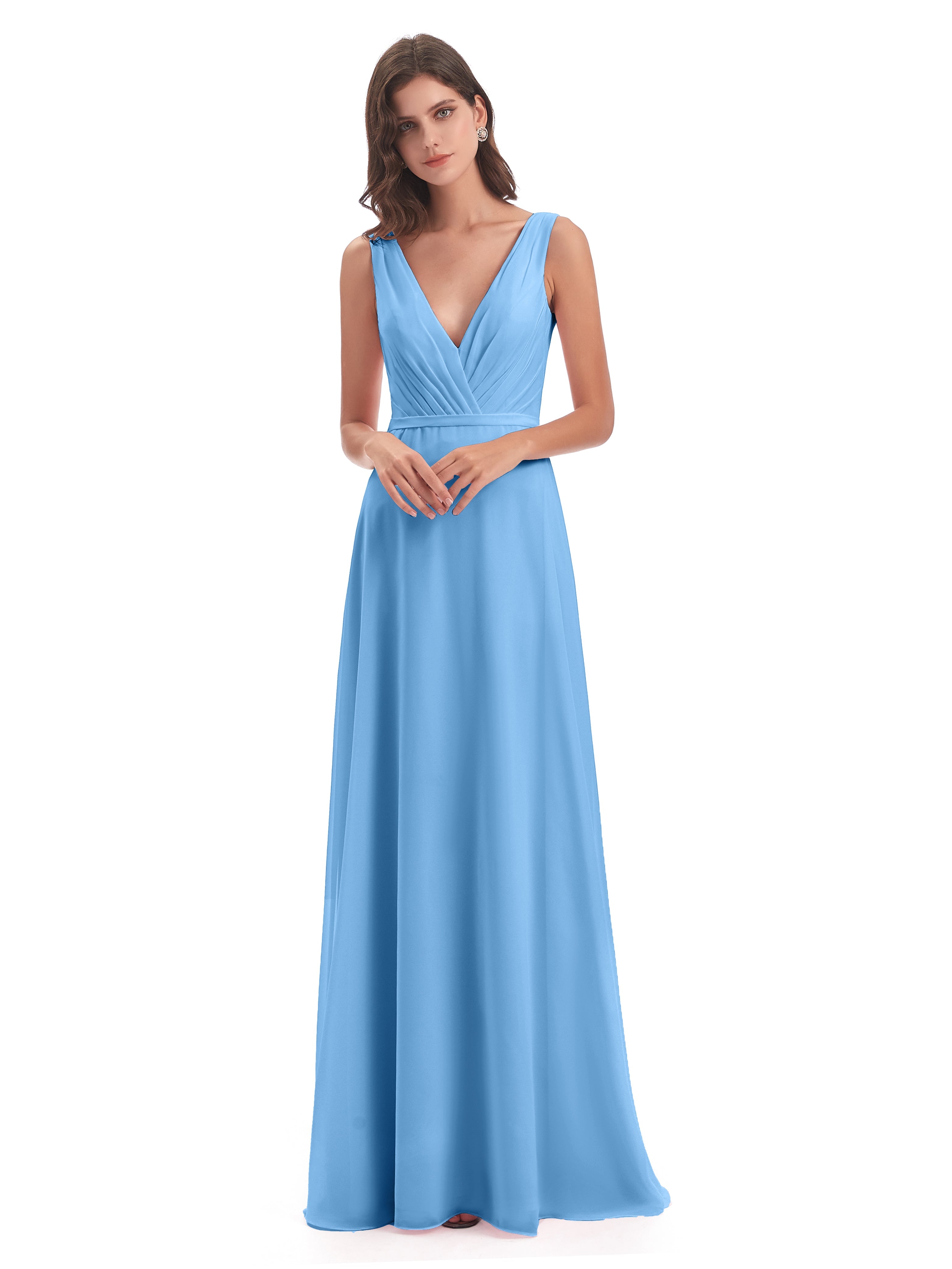 Robe Demoiselle D Honneur Bleue Col V Mousseline Longue Robes Demoiselle D'Honneur
