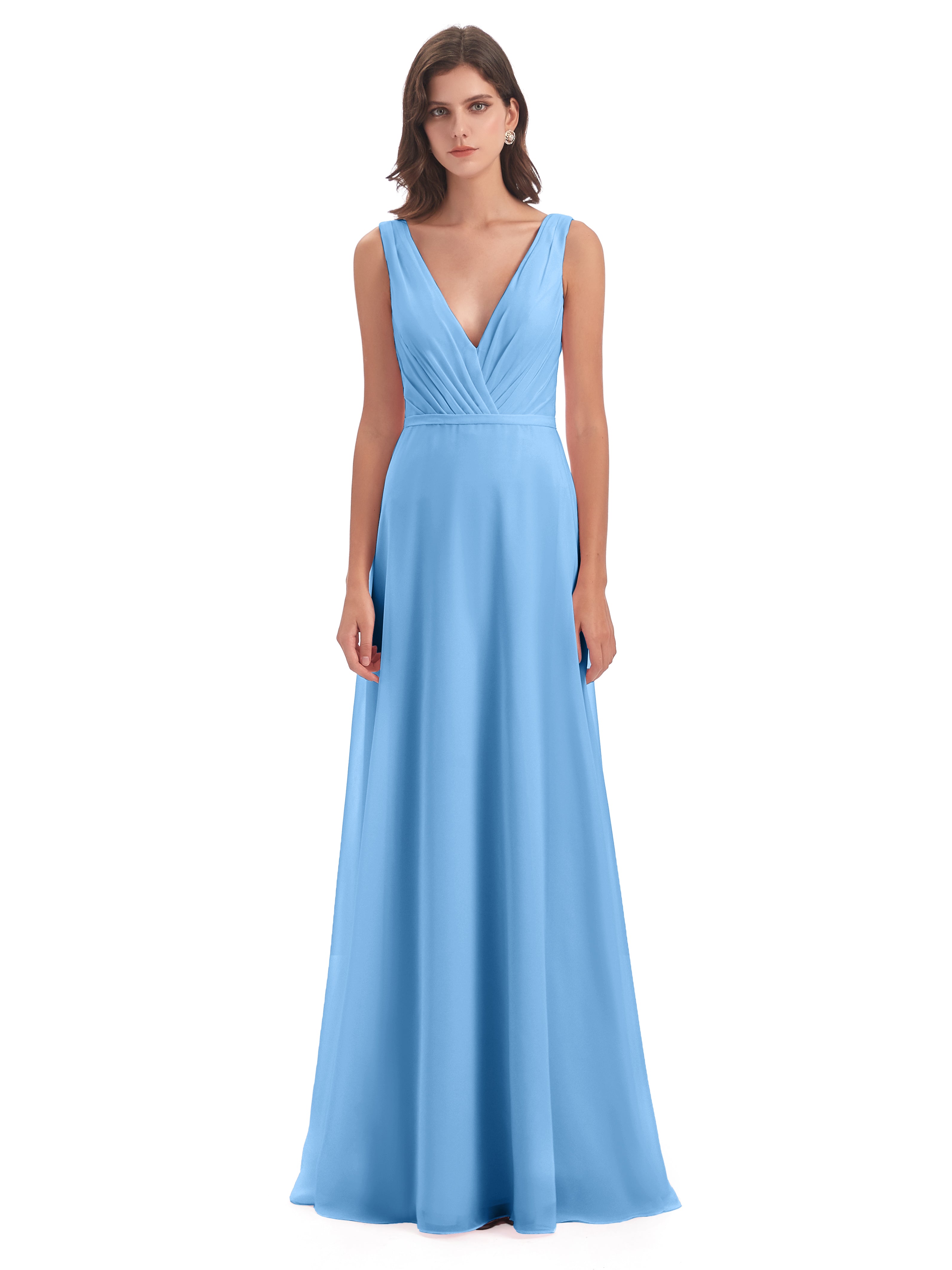 Robe Demoiselle D Honneur Bleue Col V Mousseline Longue Robes Demoiselle D'Honneur