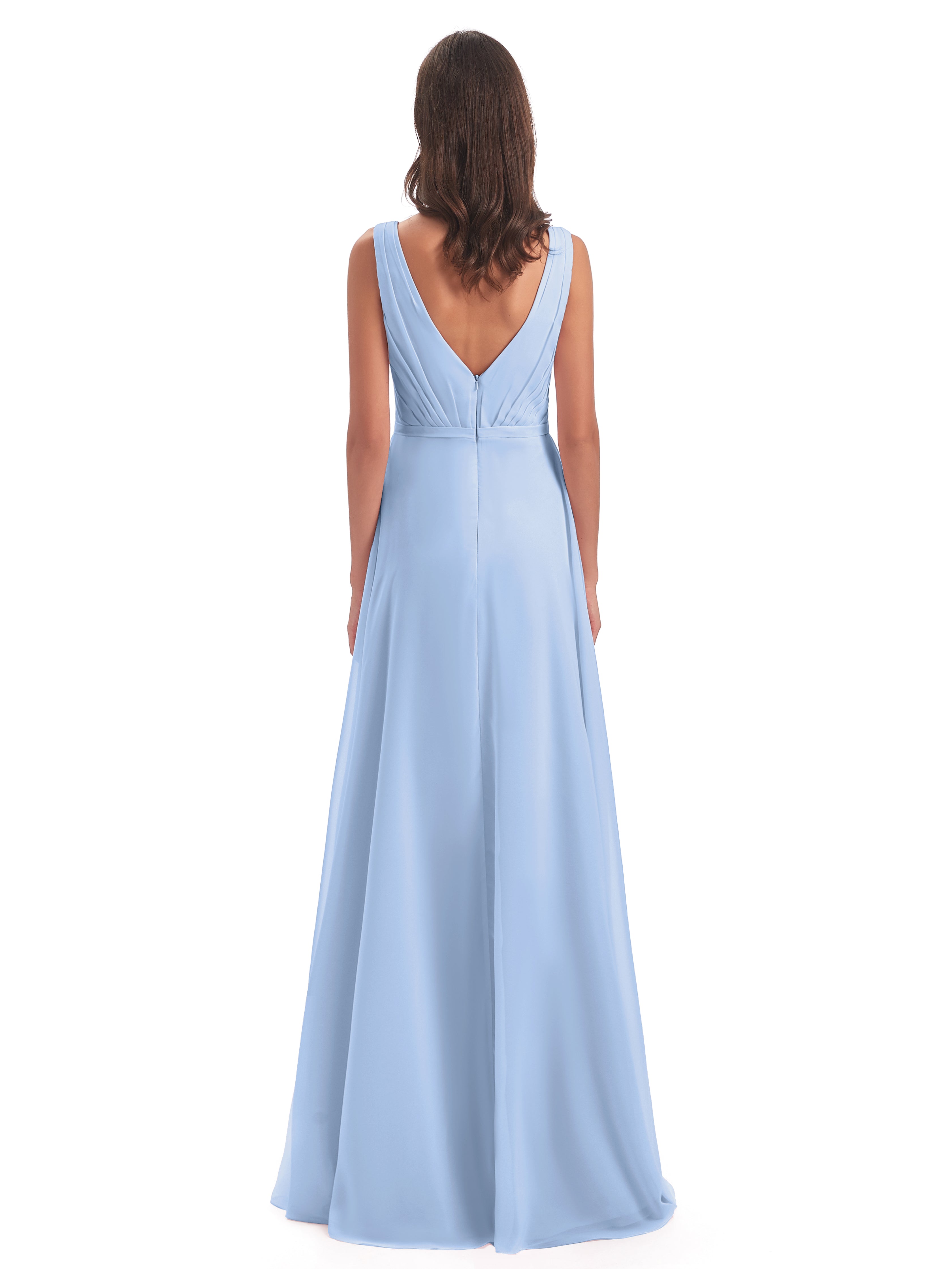 Robe Demoiselle D Honneur Bleue Ciel Col V Mousseline Longue Robes Demoiselle D'Honneur