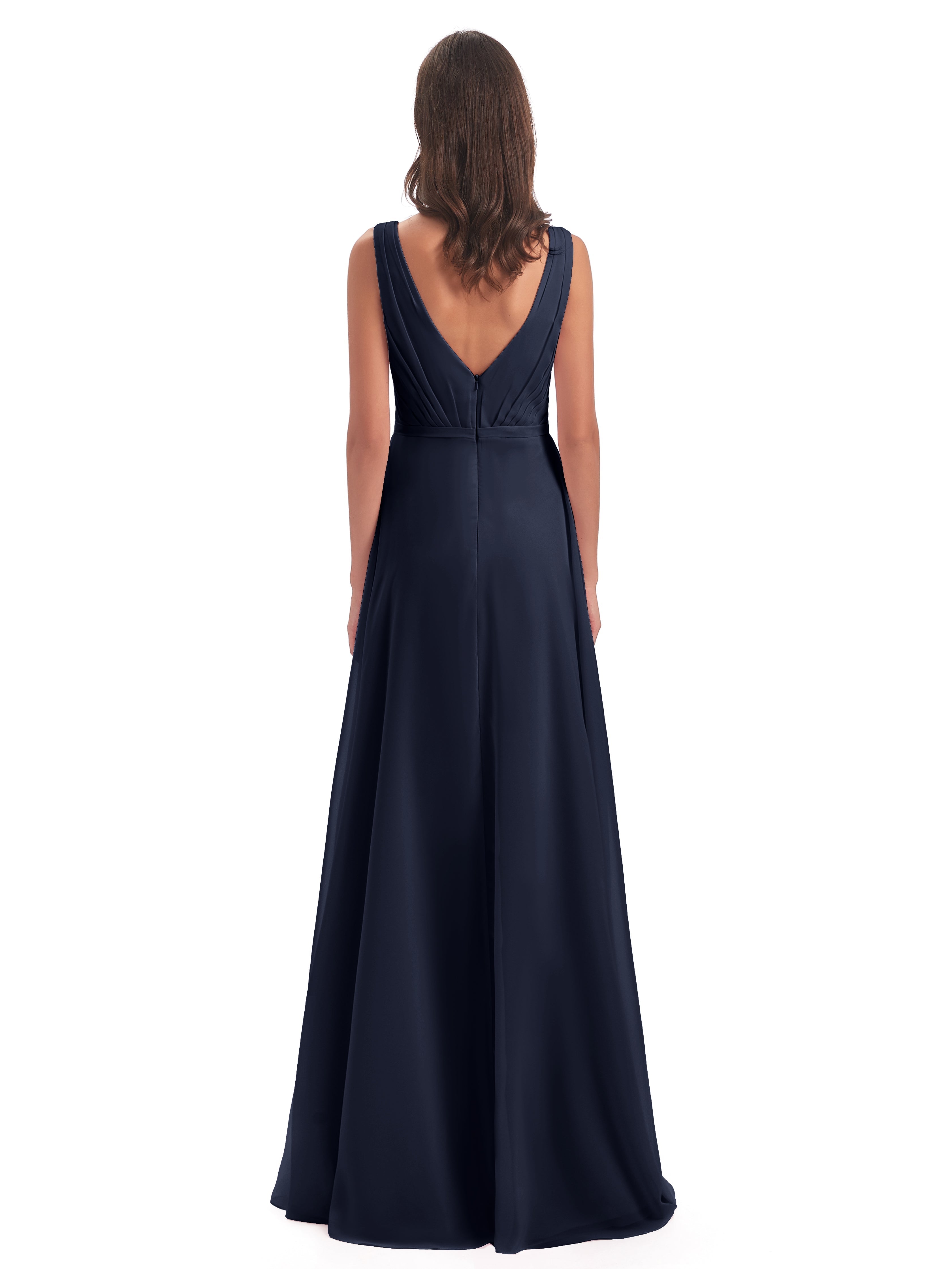 Robe Demoiselle D Honneur Bleue Marine Col V Mousseline Longue Robes Demoiselle D'Honneur