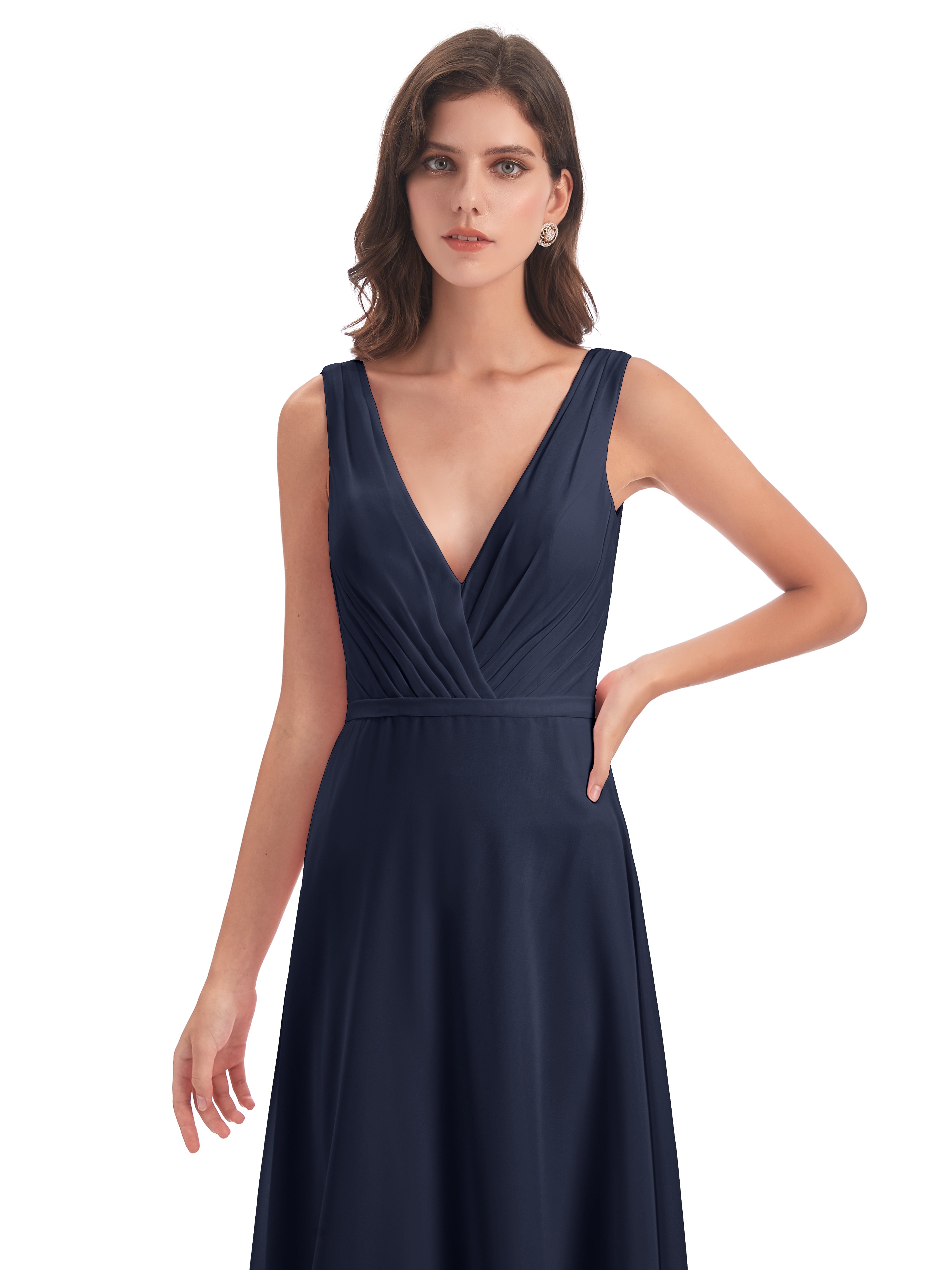 Robe Demoiselle D Honneur Bleue Marine Col V Mousseline Longue Robes Demoiselle D'Honneur