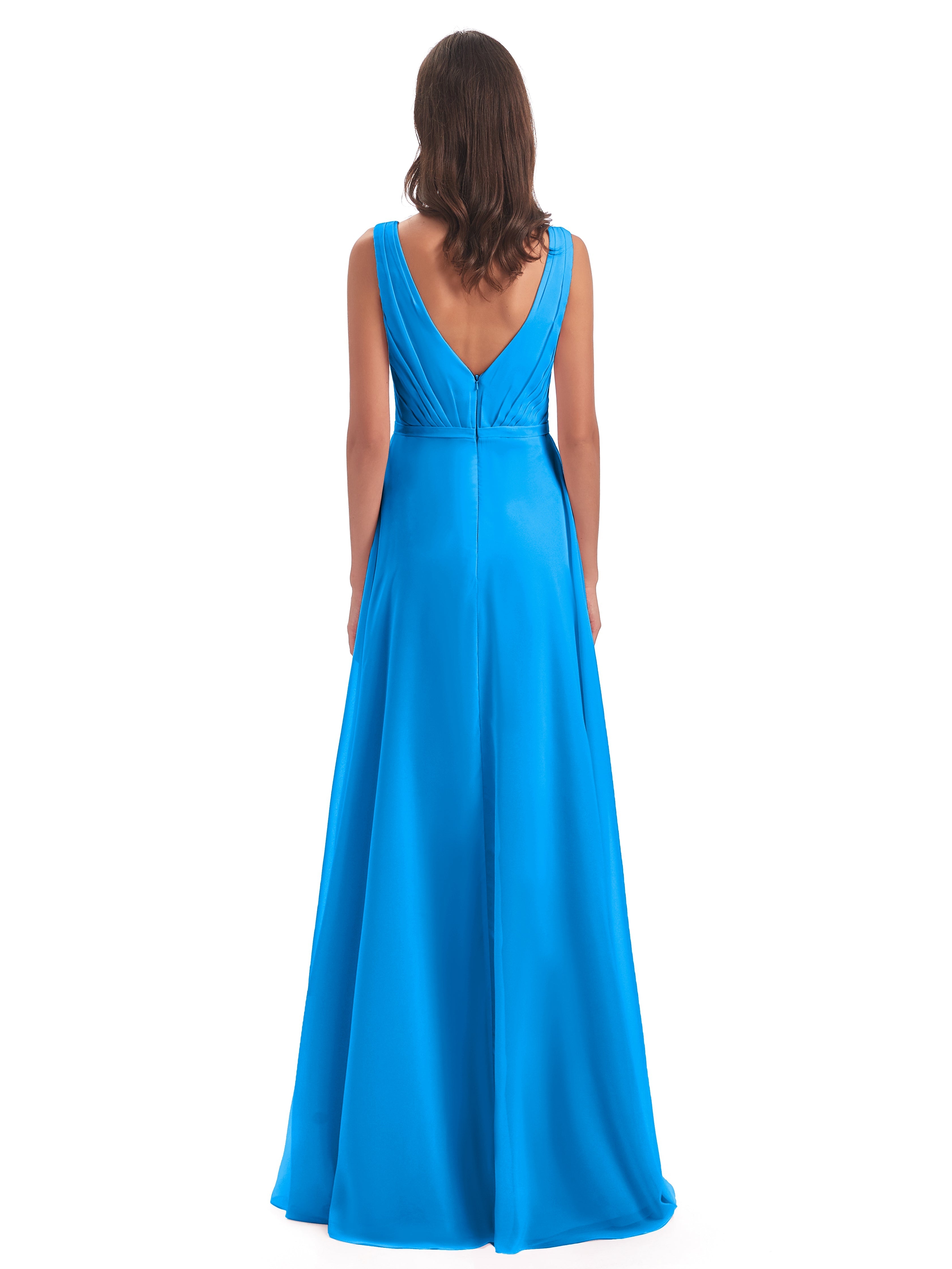 Robes De Demoiselle D'Honneur Bleu Océan Col V Mousseline Longue Robes Demoiselle D'Honneur