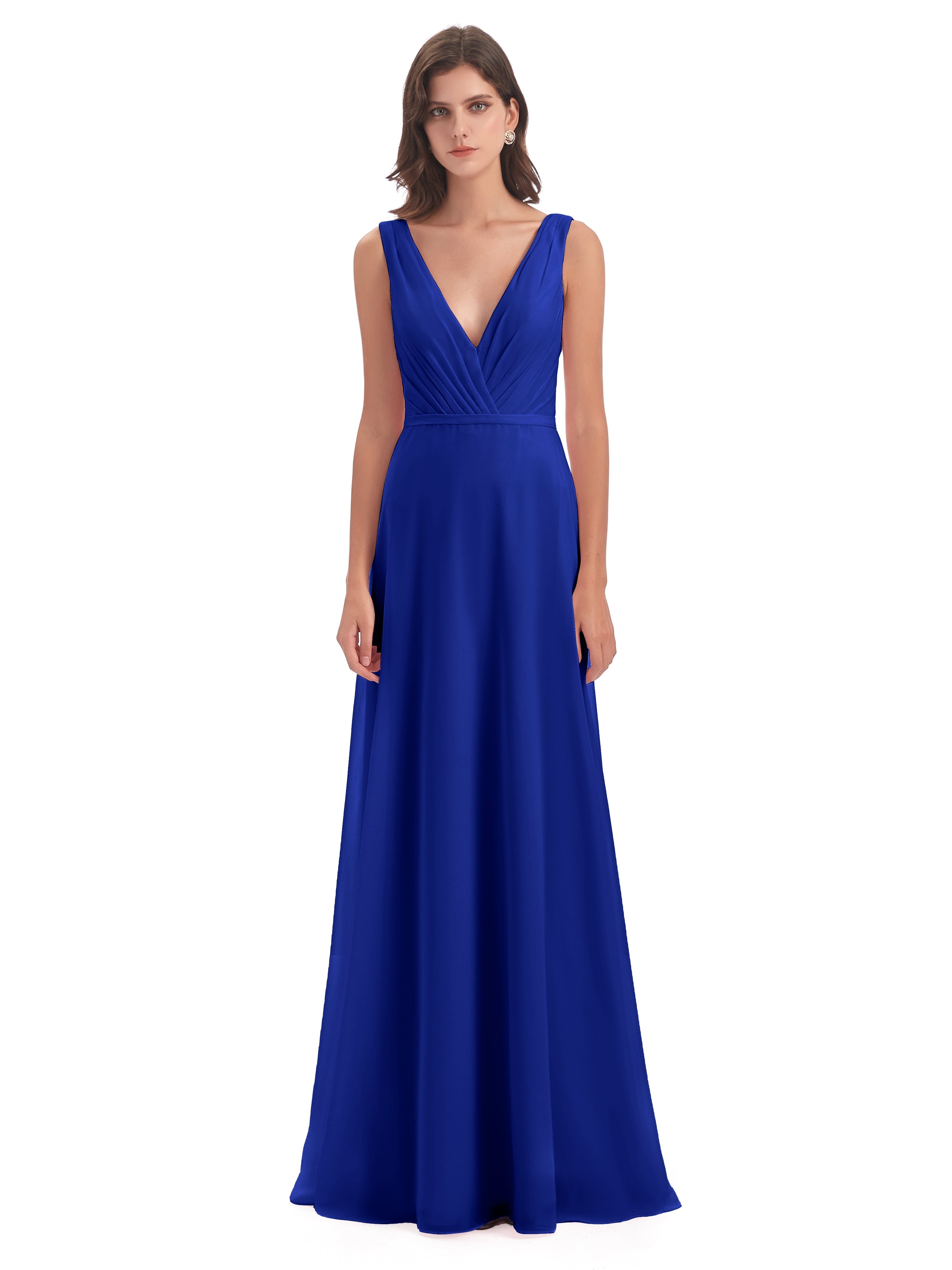 Mariage Robe Demoiselle D Honneur Bleu Roi Col V Mousseline Longue Robes Demoiselle D'Honneur