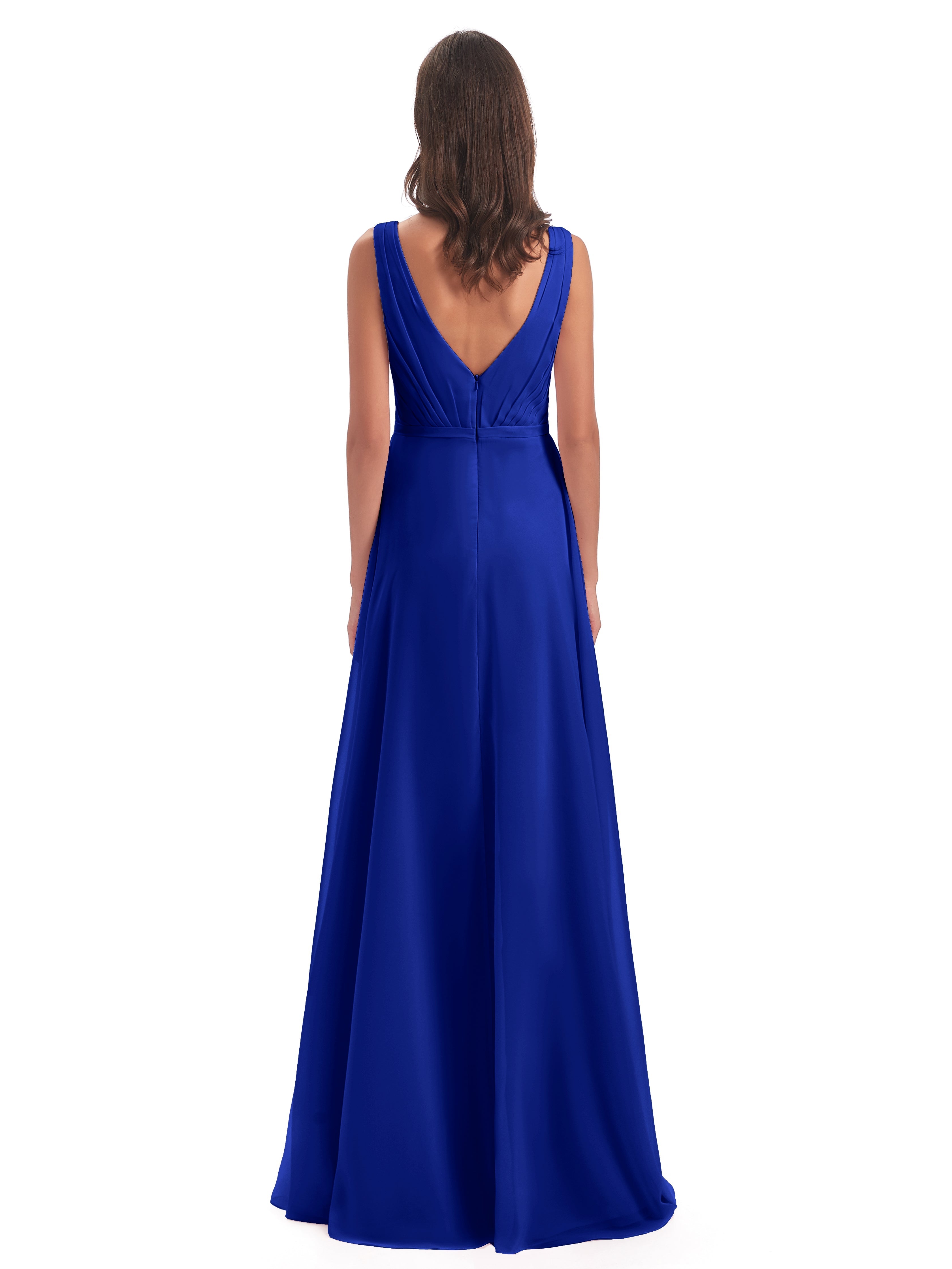 Mariage Robe Demoiselle D Honneur Bleu Roi Col V Mousseline Longue Robes Demoiselle D'Honneur