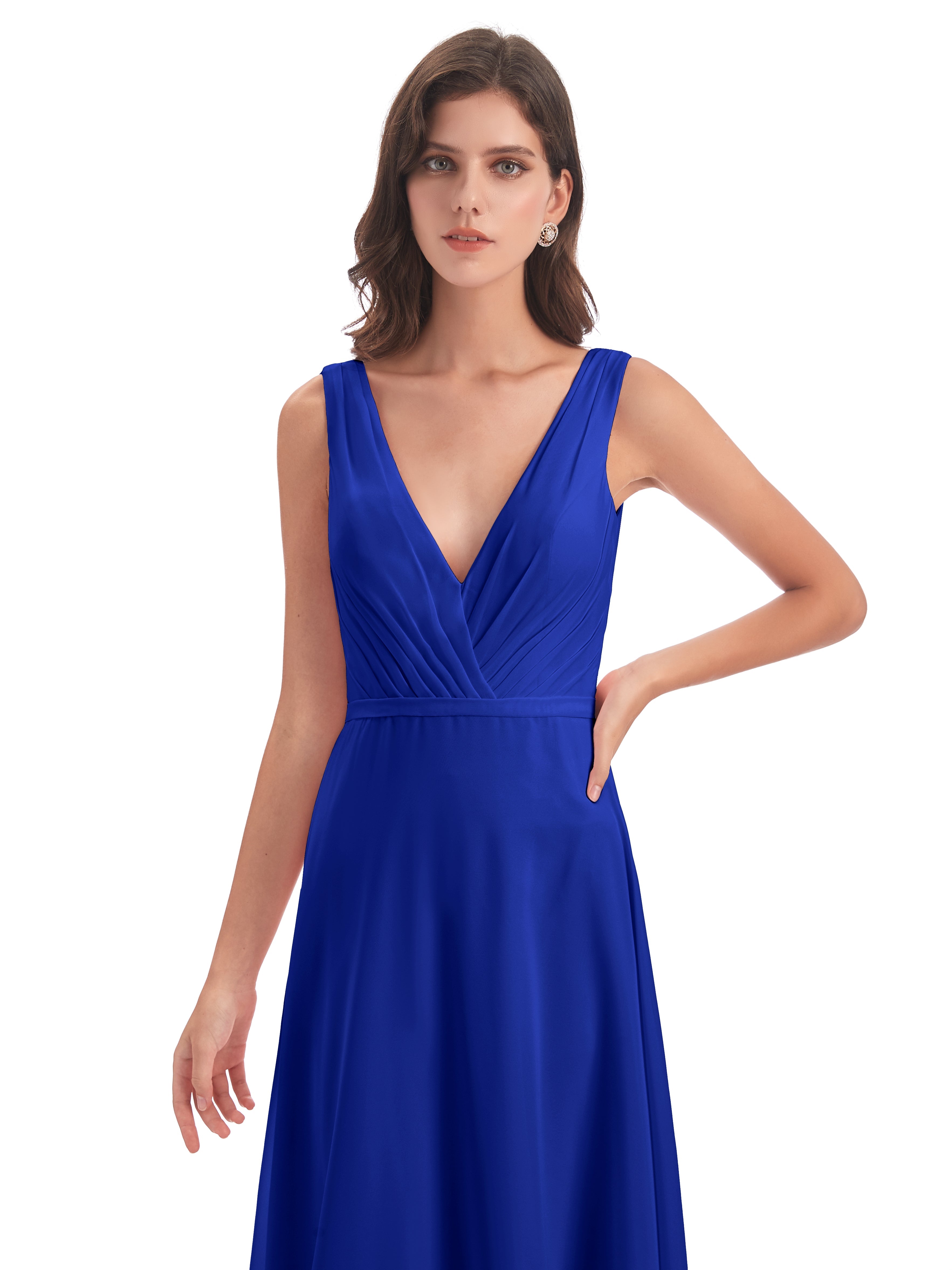 Mariage Robe Demoiselle D Honneur Bleu Roi Col V Mousseline Longue Robes Demoiselle D'Honneur