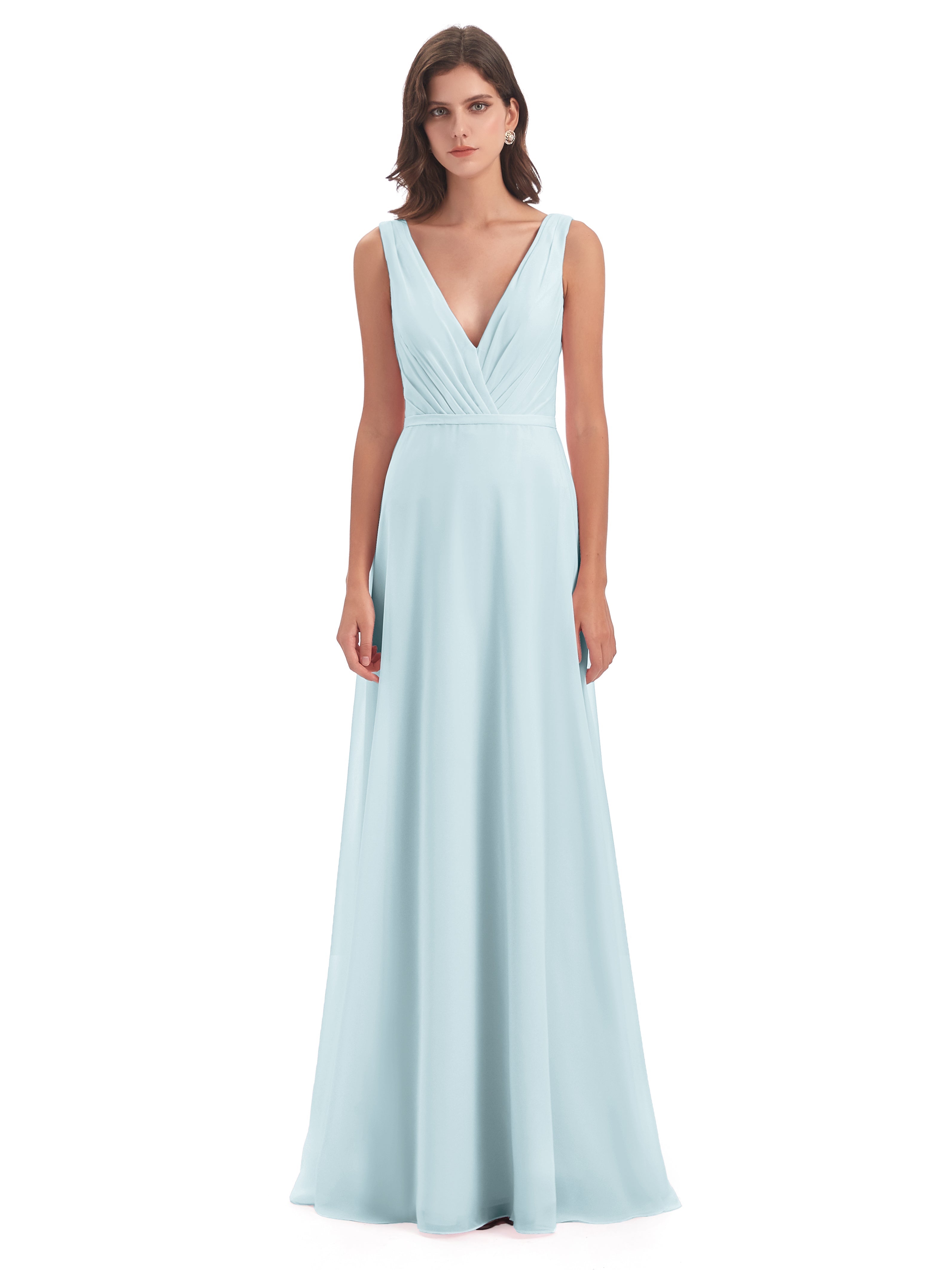 Robe De Demoiselle D'Honneur Brume Col V Mousseline Longue Robes Demoiselle D'Honneur