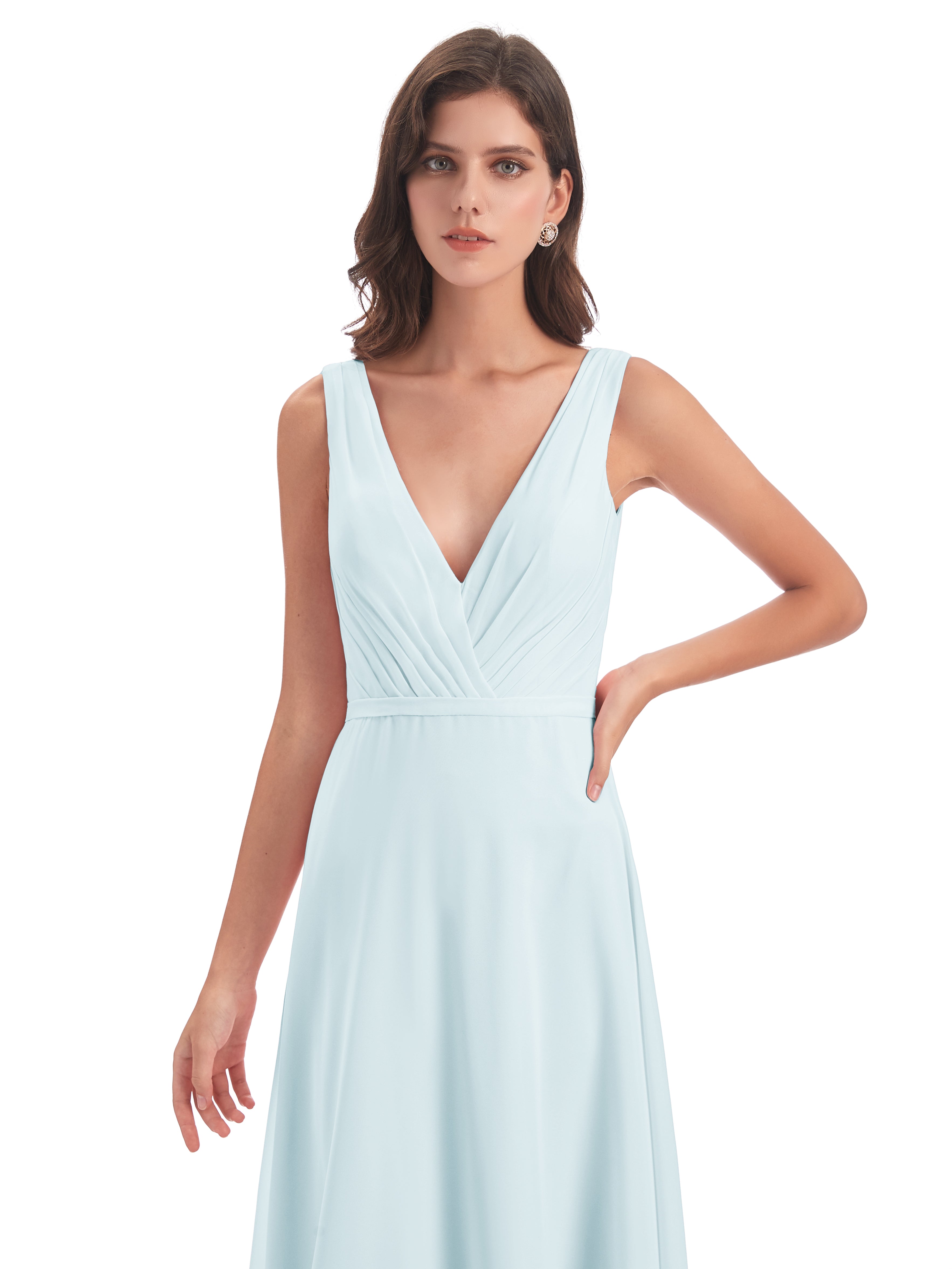 Robe De Demoiselle D'Honneur Brume Col V Mousseline Longue Robes Demoiselle D'Honneur